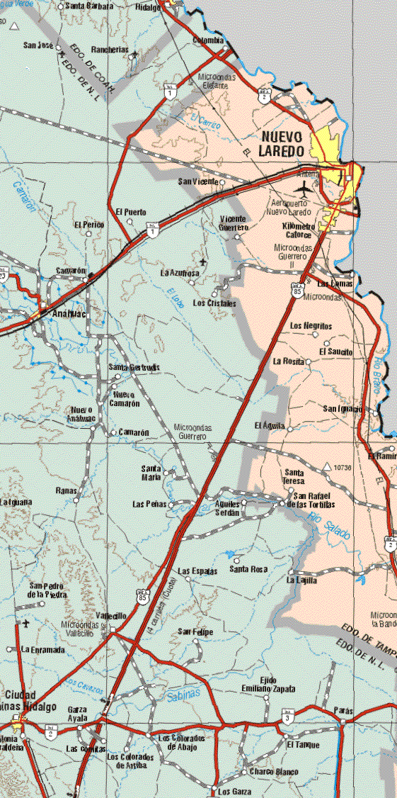 This map shows the major cities (ciudades) of Nuevo Laredo, Kilómetro Catorce.The map also shows the towns (pueblos) of San Vicente, Vicente Guerrero, Las Lomas, Los Negritos, El Saucito, La Rosita, San Ignacio, El Aguila, El Ramiro, Santa Teresa, San Rafael de las Tortillas, La Lajilla.