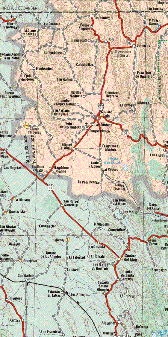 This map shows the major cities (ciudades) of Ciudad de Tula, Lázaro Cárdenas.The map also shows the towns (pueblos) of Morelos, San Juanito, Bustamante, Matías García, La Cardona, Felipe Angeles, El Llano y Anexas, El Aguacate, Palmillas, La Verdolaga, Calabacillas, Montevideo, Ejido de Flores, San Rafael, Paso Real de Guerrero, Ejido de Flores, San Rafael, Nicolás Medrano, Francisco Medrano, Emilio Vázquez Gómez, El Refugio, Altamira, San Antonio de Nahala, Veinte de Noviembre, Los Charcos, Tanque Blanco, Miguel Hidalgo, Francisco I. Madero, Las Flores, Emiliano Zapata, Magdaleno Cedillo, Lucio Vázquez, Las Cruces, La Providencia, Gallos Grandes.