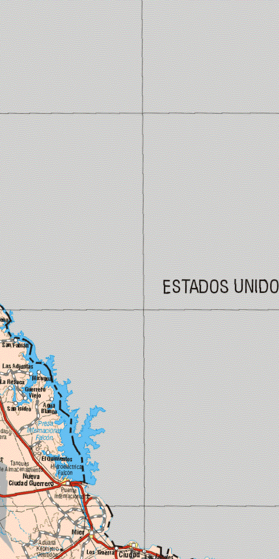 This map shows the major cities (ciudades) of Nueva Ciudad Guerrero, Mier, Ciudad Miguel Alemán.The map also shows the towns (pueblos) of San Fabián, Las Adjuntas, La Resaca, Miragua, Guerrero Viejo, San Isidro, Agua Blanca, El Quinientos, Los Guerra.