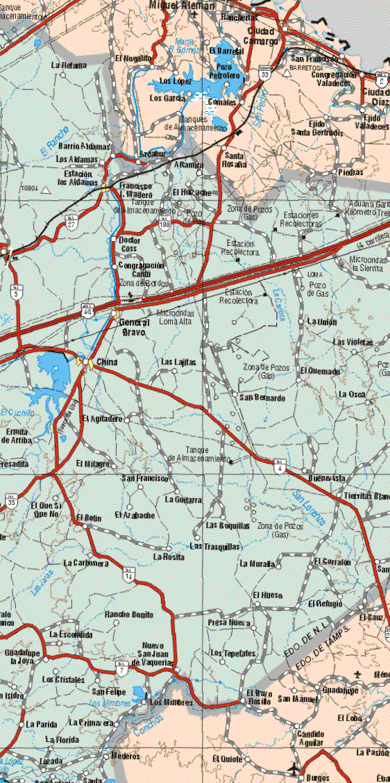 This map shows the major cities (ciudades) of Ciudad Camargo.The map also shows the towns (pueblos) of Rancherías, El Barretal, El Nogalito, San Francisco, Pozo Petrolero, Congregación Valadeces, Los López, Los García, Comales, Santa Rosalía, Ejido Santa Gertrudis, Piedras, El Sauz, el Quijote, San Manuel, Candido Aguilar, Burgos, La Pasión, El Lobo, Guadalupe, El Sayo Rosillo.