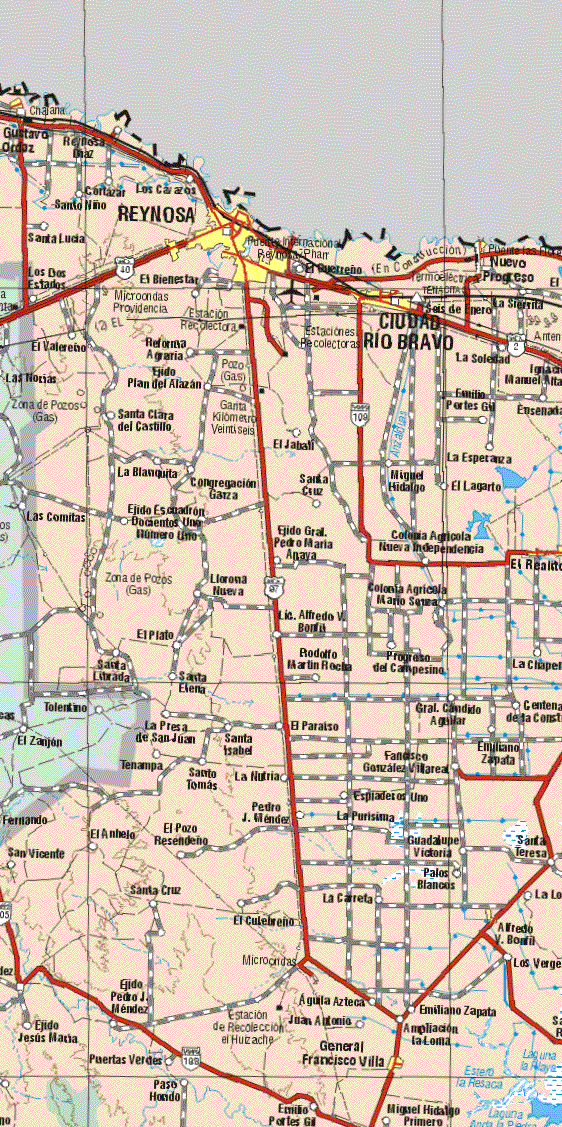 This map shows the major cities (ciudades) of Ciudad Gustavo Díaz Ordaz, Reynosa, Nuevo Progreso, Los Dos Estados, El Bienestar, Ciudad Río Bravo, El Realito, Alfredo y Bonfil, Gral. Francisco Villa.The map also shows the towns (pueblos) of Reynosa Díaz, Cartazar, Los Carazcos, Santo Niño, Santa Lucia, Los Dos Estados, El Guerreño, El Valereño, Reforma Agraria, La Soledad, Ignacio Manuel Altamirano, Ejido Plan del Alazan, Emilio Portes Gil, Ensenada, Santa Clara del Castillo, El Jabalí, La Esperanza, La Blanquita, Congregación Garza, Santa Cruz, Miguel Hidalgo, El Lagarto, Las Comitas, Ejido Escuadrón Doscientos Uno Numero Uno, Ejudi Gral. Pedro Maria Ayala, Colonia Agrícola Nueva Independencia, Llorona Nueva, Colonia Agrícola Mario Sauza, Lic. Alfredo Bonfil, El Plato, Santa Librada, Santa Elena, Rodolfo Martín Rocha, Progreso del Campesino, La Chapera, La Presa de San Juan, Santa Isabel, El Paraíso, Francisco González Villarreal, Emiliano Zapata, Tenampa, Santo Tomas, La Nutria, El Anhelo, El Pozo Resendeño, Pedro J. Méndez, Epeciales Uno, La Purísima, Guadalupe Victoria, Palos Blancos, Santa Teresa, Santa Cruz, El Culebreño, La Carreta, Los Vergeles, Ejido Pedro J. Méndez, Ejido Jesús aria, Puertas Verdes, Paso Hondo, Emilio Portes Gil, Aguila Azteca, Juan Antonio, Emiliano Zapata, Miguel Hidalgo Primero.