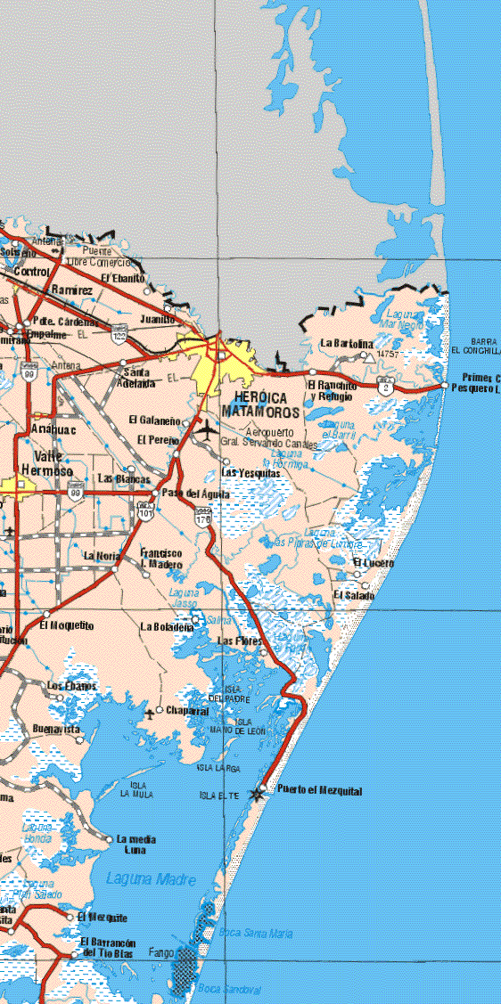 This map shows the major cities (ciudades) of Soliseno, Control, Heroica Matamoros, Anahuac, Valle Hermoso.The map also shows the towns (pueblos) of Ramírez, El Ebanito, Presidente Cárdenas, Juanillo, Empalme, Santa Adelaida, La Bartolina, El ranchito y Refugio, Primer Pesquero, El Galaneño, El Pereño, Las Blancas, las Yesquitas, Paso del Agua, La Noria, Francisco I. Madero, El Lucero, El Salado, La Noria, Francisco I. Madero, El Moquetito, La Boladeña, Las Flores, Los Ebanos, Buenavista, Chaparral, La Media Luna, Puerto el Mezquital, El Mezquite, El Barrancon del Tio Blas.