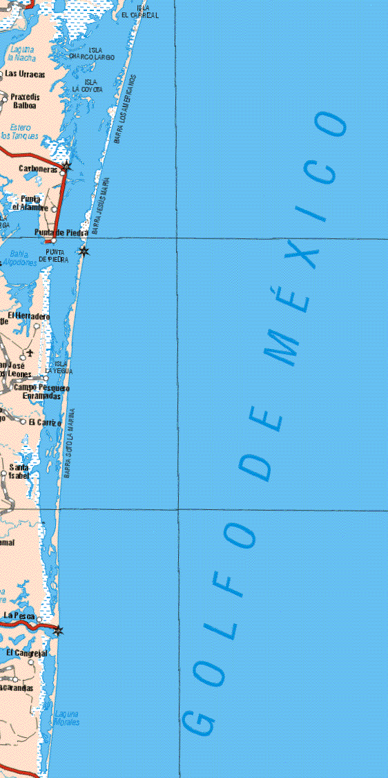 The map also shows the towns (pueblos) of Las Urracas, Praxedis Balboa, Carboneras, Punta el Alambre, Punta de Piedra, El Herradero, San José de los Leones, Campo Pesquero Enramadas, El Carrizo, Santa Isabel, La Pesca, El Cangrejal, Jacarandas.