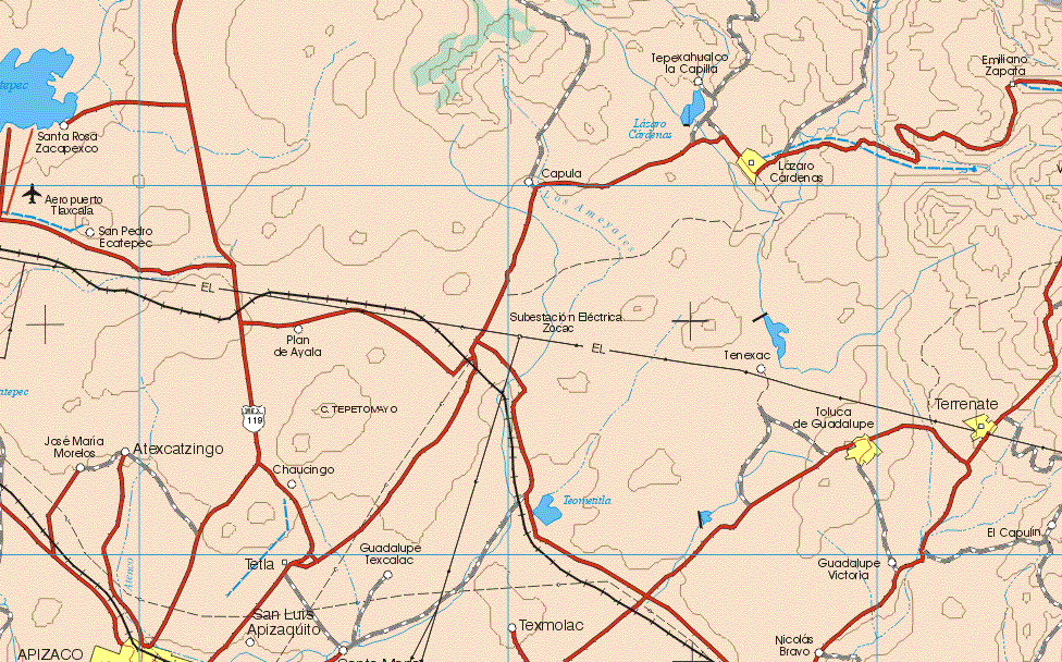 This map shows the major cities (ciudades) of Lázaro Cárdenas, Toluca de Guadalupe, Terrenate, Apizaco.The map also shows the towns (pueblos) of Tepexahualco la Capilla, Emiliano Zapata, Santa Rosa Zacapexco, Capula, San Pedro Ecatepec, Plan de Ayala, Tenexac, José Maria Morelos, Atecatzingo, Chaucingo, Guadalupe Texcalac, Tetla, Guadalupe Victoria, El Capulín, San Luis Apizaquito, Texmolac, Nicolás Bravo.