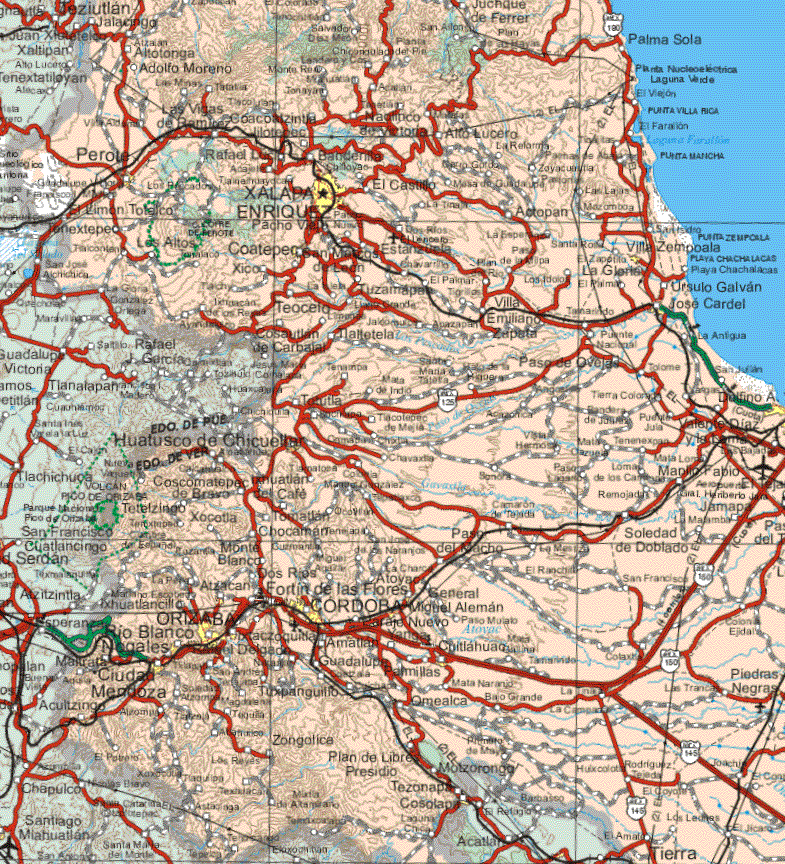 This map shows the major cities (ciudades) of Perote, Xalada Enríquez, Villa Zempoala, José Cardel, San Marcos de León, Atzacan, Fortin de la Flores, Cordoba, Orizaba, Río Blanco, Nogales, Ciudad Mendoza, Ixtaczoquitla, Cuitlahuac, Cosolapa.The map also shows the towns (pueblos) of Jalatzingo, Atzalan, Altotongo, Adolfo Moreno, Salvador Díaz M., Montero, San Alonso, Palma Sola, Tatasta, Acatlan, Jonayas, El Viejo, Las Vigas de Ramírez, Marías, Alto Lucero, Coacoaczitla, Lilotecec, Rafael Lucio, La Reforma, Cerro Gordo, Zoyacurita, El Castillo, Los Picados, Mesa de Guadalupe, Las Lajas, El Limón Totalco, La Tinaja, Actopan, Mazomboa, Tenextepec, Pancho Villa, Dos Ríos, La esperanza, Santa Rosa, El Zapetito, Paso de la Milpa, Plan del Río, San José Achichinca, Xico, Teocelo, Tuzarrapa, El Palmar, Los Idolos, Playa Chachalacas, Ursulo Galván, Villa Emiliano Zapata, Apazapan, Tlaltetela, Cosautlan de Carvajal, La antigua, Puente Nacional, Tenampa, Mata de Indio,  Santa Maria Tajeta, Paso de Ovejas, Totome, San Julián, Thitla, Tierra Colorada, Dilfino A., Tlacoltepec de Mejia, Valente Díaz y la Loma, Villa Hermosa, Tenenexpan, Gral. Heriberto Jara, Jamapa, Tetelzingo, Xocotla, Tomatlan, Ocoyotlan, Camarón de Tejada, soledad de Doblado, Chocamar, Paso del Macho, Monte Blanco, Naranjos, El Rancho, La Peña, Dos Ríos, Atoyach, La Charca, Gral. Miguel Alemán, San Francisco, Amatlan, Colonia Ejidal, Paraje Nuevo, Paso Mulato, Tamarindo, Guadalupe, Palmillas, Colaxtla, Tuxpanguillo, Omealca, Mata Naranjo, La Lima, Las Trancas, Piedras Negras, Acultzingo, Omealca, Bajo Grande, magdalena, Atzompa, Tequila, Zongolize, El Potrero, Plan de Libre Presidio, Motzorongo, Rodríguez Tejeda, Joachis, Tezonapa, Laguna Chica, El Jicaro, Tierra.