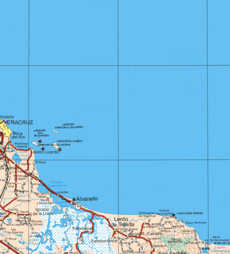 This map shows the major cities (ciudades) of Veracruz, Boca del Río, Cocutla.The map also shows the towns (pueblos) of Mandinga y Maloza, Anton Lizardo, La Laguna, El Bayo, Los Robles, Las Piedras, Palma Sola, Salinas, Pozuelos, El Nanchar, Arbolillo, Alvarado, Tlaxcoyan, El Sauce, Ignacio de la Llave, El Progreso del Majahual, Salinas Roca Partida, Lerdo de Tejada, Zacate Colorado, La Laguna, Playa Hermosa, Tlacotalpan, Santa Teresa, La Nueva Victoria, isla de Pajarillos, Pozo de Aros, El Moral, Saltabarranca, Angel R. Cabada, La Nueva Victoria, Tacolipan, San Andres, La Palma.