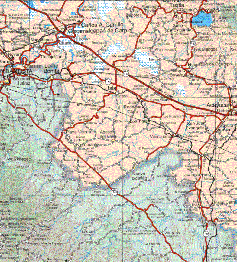 This map shows the major cities (ciudades) of San Antonio Tuxtla, Carlos A. Carrillo, Cosamaloapan de Carpio, Poblado de Tres, San Juan Bautista Tultepec, Isla, Juan Domínguez Clara, Acayucan, Abasolo del Valle, Nuevo Ixcatlan.The map also shows the towns (pueblos) of Nuevo San José Independencia, Ixmatlahuaca, Pachuca, San José Papaloapan, Dos Bocas, Tres Zapotes, Santiago Tuxtla, Caleria, Catemaco, Compapan, Ocelota, Fernando Lopez Arias, Chicapextle, Axochio, Los Naranjos, Arroyo de Soldado, Salto de Eyipantla, Benito Juarez, Arroyo de Santiago, Nepaltepec, El Aguila, Zacoapan de Cabañas, El Zapote, Chacaltianguis, Tenejapa, Rio de Tuxtla, Abrevaje, Emiliano Zapata, Novara, , El Popotal,  Los Mangos, Tlacojalpan, Vicente Guerrero, Norma, El Sauzal, Tierra Nueva, El Tesoro, Cujalapa, El Sauzal, Hueyapan de Ocampo, Villa Otatitlan, Linda Vista, Juan Diaz Covarrubias, Mazoco, La Cañada, Corral Nuevo, Villa Azueta, Colonia Domínguez, El Blanco, Corral Nuevo, Esperanza Malota, El Marcial, Ojo Verde, Coapa, La Lima, La Cequillla, Los Huayacanes, Dehesa, Lealtad de Muñoz, El Serrano, La Victoria, Los Tigres, San Juan Evangelista, Sayula de Aleman, Playa Vicente, Arenal Santana,  Villa Juanita, Saladero, Aguilera, Bellaco, Tomate Río Manso, Santa Teresa, El Porvenir, Campo Nueve, Nueva Era, Xocolapa, Benito Juárez, Boca del Monte, Tatahuacapa, Monte Verde, Guadalupe Victoria, Loma Bonita, Macay, Lazaro Cárdenas, Palma Morena, El Paraíso, El Suchi, Jesus Carranza, Colombia, Suchipatitlan del Rio.
