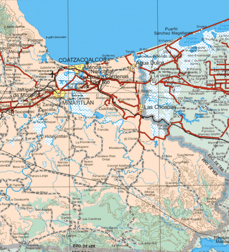 This map shows the major cities (ciudades) of Coatzacoalcos, Allende, Nanchital de Lázaro Cárdenas del Río, Agua Dulce, Jaltipan de Morelos, Copoleacaque, Zaragoza, Las Choapas, Texistepec, Coacotla.The map also shows the towns (pueblos) of Pajapan, Tatahuicapan, Mecayapan, Jicaca, Ixtlapan, Los Barrilitos, Guillermo Soto, Tonala, Huatzuntla, Minzapan, Calzada de la Velas, San Andrés Chaquilpa, Chacalapa, Tierra y Libertad, Inhuapan, Chinameca, Cheapan, Moloacapa, Cuauhtemoc, Cuichapa, Limón, Tabasqueño, La Concepción, San Cristóbal, Francita, Tacuanapa, Hidalgotitlan, La Providencia, El Chichón, Corchal, El Tortugero, Moctezuma, Venustiano Carranza, Boca de Oro, narciso Mendoza, Nuevo Atoyac, Gustavo Díaz Ordaz, El Jabo, Cerro Pelón, Coronel Adalberto Tejeda, Potrero Largo, Fernanda López Arias, Progreso, Graciano Sánchez, El Tepache, Primero de Mayo, La Breña, Francisco Villa, Alfonso Medina, La Oaxaqueña, Modelo Dos Ríos, Nuevo Cantón, Las Carolinas, Veinticuatro de Febrero, La Laguna, Pueblo Viejo, Felipe Angeles.