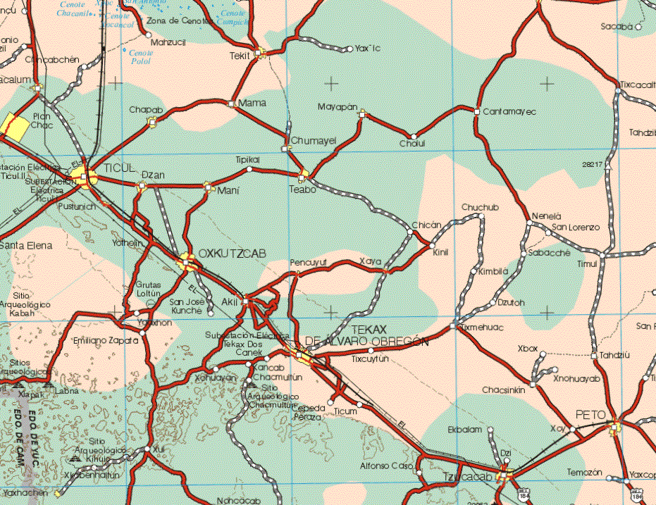 This map shows the major cities (ciudades) of Tekit, Sacalum, Plan Chac, Chapab, Mama, Mayapan, Chumayel, Ticul, Dzan, Mani, Teabo, Pustunich, Oxkutzcab, Pencuyut, Xaya, Akil, Tekax de Alvaro Obregon, Tixmehuac, Peto, Tzicacab. The map also shows the towns (pueblos) of Sacaba, Mahzucil, Yax Ic, Cincabchen, Cantamayec, Tixcacalt  , Cholul, Tanotziloichen,  Tipokol, Chuchub, Nenela, San Lorenzo, Chican, Santa Elena, Yothelin, Kinil, Sabacache, Kimbila, Timul, Yacxhon, San Jose Kunche, Dzuton, Emiliano Zapata, Canek, Tixcuytun, Xbac, Tahatziu, Xohuayan, Kancab, Chancmultun, Cepeda Peraza, ticum, Xul, xiobenhatun, Alfonso Caso, Ekbalam, Chacsikin, Xnohuayab, Dzi, Temozon.