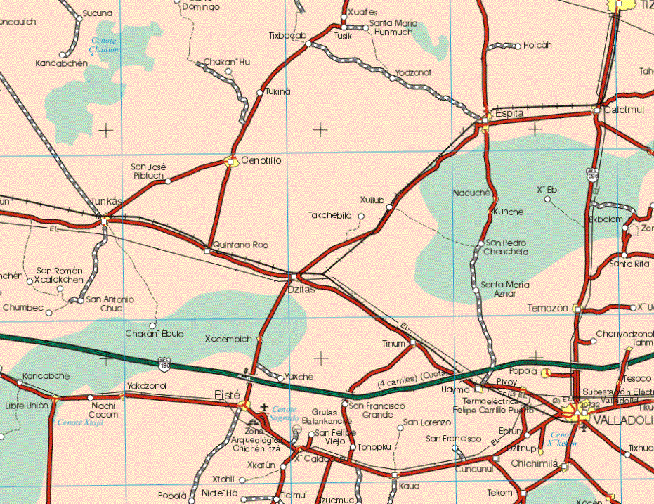 This map shows the major cities (ciudades) of Espita, Cenotillo, Tunkas, Kunche, Temozon, Xocempich, Tinum, Tahmuy, Popora, Tesoco, Libre Union, Nachi Cocam, Yokatzonot, Piste, Uayma, Pixoy, Valladolid, Dzinup, Chichimilla. The map also shows the towns (pueblos) of Sucuna, Santo Domingo, Tixbacab, Tusik, Xuates, Santa Maria Hunmuch, Hocah, Kancabchen, Chankan Hu, Yoctzonot, Tukina, Calotmul, San Jose Pibtuch, Xuilub, Nacuche, X Eb, Takchebila, Exbalam, Quintana Roo, San Pedro Chenchera, San Roman Xcalakchen Dzilas, Santa Maria Aznar, Santa Rita, Chumbec, San Antonio Chuc, Chakan Ebula, Canyoctzonot, Yaxche, Kancabche, San Francisco Grande, San Felipe Viejo, Tohopku, San Lorenzo, San Francisco, Ebtun, Xkatun, Xlohil, Tcimul, Xcoldo, Kohua, Cuncunui, Tekom, Tixhualactun.