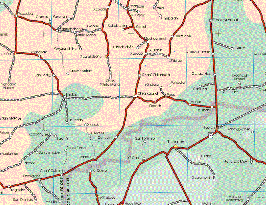 This map shows the major cities (ciudades) of Yaxcaba, Xcalakatzonot, Poop, Ekpedz, Ichmul.The map also shows the towns (pueblos) of Chimay, Yaxunah, Xcocail, Chankom, Tzeal, X Bojom, Chebalan, Tixcacalcupul, Xkoptell, Xakabchen, Xaniah, Kancabatzona, Santa Maria, Muchucuxcah, Dzidzilche, Canakam, Yokatzond Hu, X Pocbichen, Celtun, X Jabin, Nuevo X Jabin, Xuxcab, Chibilub, Huechimbalam, San Pedro, Chan Chimitla, Xchac Hua, Tixcancat Dzonat, Chan Santa Maria, Chancaba Nuevo, San Jose, Yohactun, Carolina, San Pedro, Chikindzonat, Mahas, Tinolopop, X Thabil, San Marcos, Tinuncah, Xlapak, Xcabanche, Balche, X Nicteil, xchucteil, San Bernabé, Santa Elena, Papacal, Chan Clotmul, Dzonatchel, Progresito, San Dionido, Petulillo.