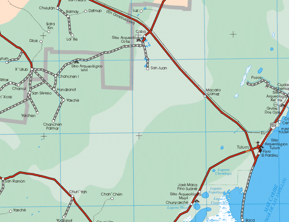 This map shows the towns (pueblos) of  Xel'Ha, Chulutan, Balmay, Dzitnup, Sidra Kin, Lol'Be, Dzok, X'Ulub, Chamul.