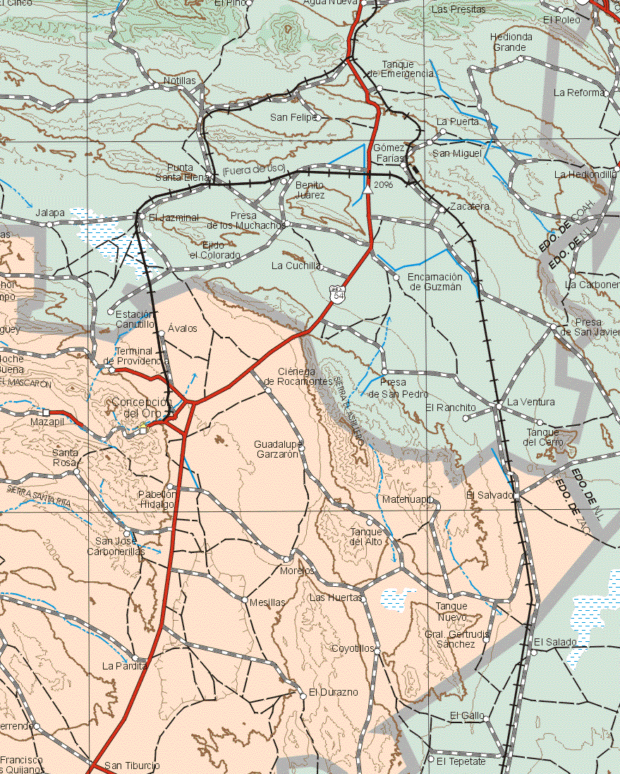 This map shows the major cities (ciudades) of Concepción del Oro.The map also shows the towns (pueblos) of Avalos, Terminal de Providencia, Ciénega de Rocamontes, Mazapil, Santa Rosa, Guadalupe Garzaron, Pabellón Hidalgo, Matehuapil, El Salvador, Tanque del Alto, San José Carbonerillas, Morelos, Mesillas, Las Huertas, Tanque Nuevo, Gral. Gertrudis Sánchez, Coyotillos, La Pardita, El Durazno, San Tiburcio.