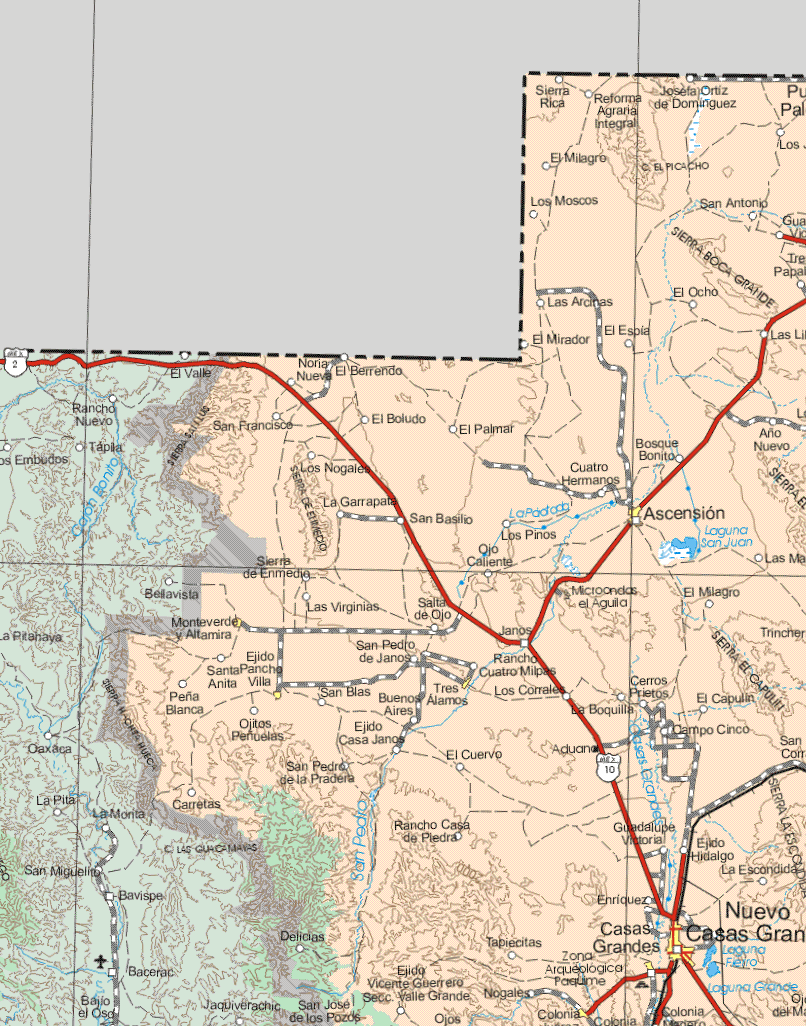 This map shows the major cities (ciudades) of Ascensión, Monteverde y Altamira, Ejido Pancho Villa, Tres Alamos, Casas Grandes, Nuevo Casas Grandes, Colonia Juárez. The map also shows the towns (pueblos) of Las Arcinas, El Ocho, El Mirador, El Espía, El Valle, Noria Nueva, El Berrendo, San Francisco, El Boludo, El Palmar, Bosque Bonito, Año Nuevo, Los Nogales, Cuatro Hermanos, La Garrapata, San Basilio, Los Pinos, Sierra de En medio, Ojo Caliente, El Milagro, Las Virginias, Salta de Ojo, Janos, Santa Anita, Peña Blanca, San Pedro de Janos, Rancho Cuatro Milpas, San Blas, Los Corrales, la Boquilla, Cerros Prietos, El Capulín, Ojitos Peñuelas, Ejido Casa Janos, El Cuervo, Campo Cinco, San pedro de la Pradera, Carretas, Delicias, San José de los Pozos, Rancho Casa de Piedra, Ejido Vicente Guerrero Sección Valle Grande, Nogales, Tapiecitas, Guadalupe Victoria, Enríquez, Ejido Hidalgo, La Escondida.