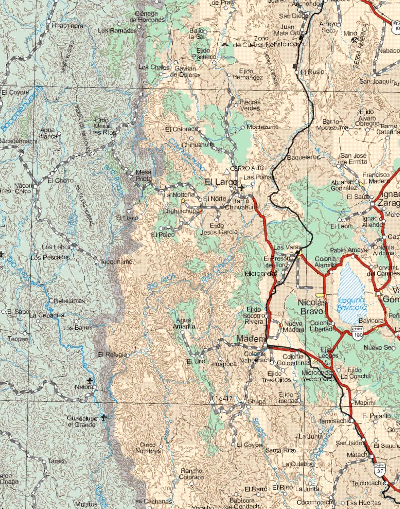 This map shows the major cities (ciudades) of Francisco I. Madero, La Norteña, Chihuihuichupa, Las Varas, Nicolás Bravo, Nuevo Madero, Bavicora, Valentín Gómez Farias, Ejido Leones.The map also shows the towns (pueblos) of De Praft, Anchondo, Las Ramadas, Ciénega de Horcones, Bajío la Sal, Juan Mata Ortiz, Arroyo Seco, Ejido Pacheco, Los Chales, Gavilán de Dolores, Ejido Hernández, El Rusio, San Joaquín, Piedras Verdes, El Colorado, Moctezuma, barrio Moctezuma, Ejido Alvaro Obregón, Barrio Catarina, Chihuahuita, Baqueteros, San José de Ermita, Las Pomas, Abraham Gonzáles, mesa Prieta, La Norteña, El Largo, El Norte, Barrio chihuahuita, El Sauz, El Llano, El Poleo, Ejido Jesús García, El León, Ignacio Allende, Morelos, Pablo Amaya, Colonia Aldama, Colonia Alamillo, El Preson del Toro, Porvenir del Campes, Ejido Socorro Rivera, Agua Amarilla, Colonia Libertad, Madera, Nuevo Ser, El Refugio, El Uno, Colonia Nahuerache, Colonia Golondrinas, Ejido Tres Ojitos, Ejido la Concha, Ejido Libertad, Sirupa, Mapimi, El Pajarito, Temosachic, La Junta, Cinco Nombres, El Coyote, San Isidro, El Saucito, Santa Rita, Matachi, Rancho Colorado, La Culebra, Mulatos, Las Cachanas, Babicora de Condachi, El Barro, El Rito, La junta, Cocomorachi, Las Huertas, Tejolocachic.