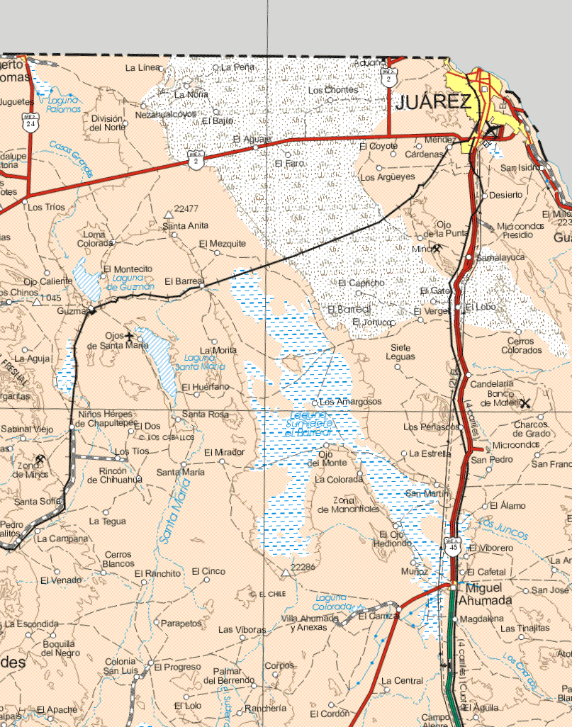 This map shows the major cities (ciudades) of Juárez, Puerto Palomas, Miguel Ahumada.The map also shows the towns (pueblos) of Juguetes, Los Tríos, La Línea, La Pea, La Noria, Los Chontes, División del Norte, Nezahualcoyotl, El Bajío, El Aguaje, El Faro, El Coyote, Méndez, Cárdenas, San Isidro, Los Argüelles, Desierto, Loma Colorada, Santa Anita, El Mezquite, Ojo de la Punta, El Mezquite, Samalayuca, El Montecito, Ojo Caliente, El Barreal, El Capricho, El Gato, Los Chinos, Guzmán, El Lobo, El Vergel, El Barreal, El Johuco, Ojos de Santa Maria, Cerros Colorados, La Aguja, La Morita, Siete Leguas, El Huérfano, Candelaria, Los Amargos, Niños Héroes de Chapultepec, Santa Rosa, El Dos, Sabinal Viejo, Los Peñascos, Charcos de Grado, Los Tríos, El Mirador, Ojo del Monte, La Estrella, San pedro, San Francisco, Rincón de Chihuahua, Santa Maria, La Colorada, San Martín, El Alamo, Santa Sofía, La Tegua, La Campana, El Ojo Hediondo, El Viborero, Cerros Blancos, El Venado, El Ranchito, El Cinco, Muñoz, El Cafetal, San José, La Escondida, Parapetos, Las Víboras, Villa Ahumada y Anexas, El Carrizal, Magdalena, Las Tinajas, Boquilla del Negro, Colonia San Luis, El Apache, El Progreso, El Lobo, Palmar del Berrendo, Ranchería, El Cordón, la Central, Campo Alegre.