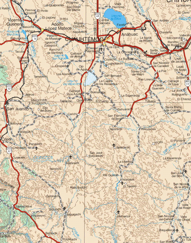 This map shows the major cities (ciudades) of Basuchil, Adolfo López Mateos, Cuauhtemoc, Anahuac.The map also shows the towns (pueblos) of Vicente Guerrero, Pascual Orozco, El Pinito, Las Quebradas, Progreso, San Diego del Monte, Miguel Chiquito, Basuchil, Campo Dieciséis, Vista Hermosa, Favela, San Andrés, El Clavo, Miñaca, Napavechi, Chavarria, Pahuitachi, Paramo de Morelos, La Noria de Aldana, Vallecillo, Tonachi, Ignacio Zaragoza, Campo Veintisiete, Los Ojos, La Concepción, Santa Rosa, Santa Isabel, Rancho de Rosas, Tacuba, Rancho de Santiago, Carvajal de Abajo, La Concepción, Estación Terrero, Chopeque, Ojo de Agua, Coyachic, Cusihulriachi, La Boquilla, San Nicolás de Carreras, lago de Jacales, Lajas de Abajo, Temeychi, Los Alamos, San Bernabé, Santa Cruz de Mayo, La Paz, La Capilla de los Remedios, San Lorenzo, Vicente Guerrero, Ciénega de Loya, Soliceno, Ataros, Ciénega Ojos Azules, Buenavista, la Esperanza, La Joya Rodrigueño, Tajirachic, Ojos Azules, El Puerto, Tutuaca, Santa Maria de Cuevas, San Juanito, Ojo del Buey, Carichi, Sahuarachi, San Francisco de Borja, Bocoyna, Sisoguichi, Teporachi, Avendaños, Panalachi, Choreachi, Betebachi, El Porvenir, Cusaraje, Nararachi, San José Baqueachi, la Libertad, La Esperanza, Tecorichi, Río Grande, Nonoava, San José del Sitio, Rehuibrachi, El Terrero, San Nicolás de la Joya, Gumisach, Samachique, Hueleyvo, Siquirichi, Bajisochi, Norogachi, Rocheachi, Humariza, Valle del Rosario, San Nicolás del Cañón, Valle de Olivos, Baqueteros, San Mateo.