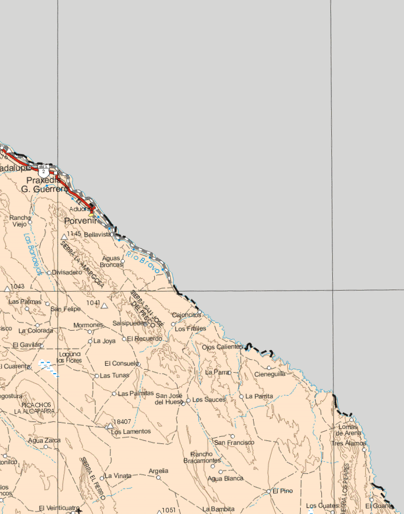 This map shows the major cities (ciudades) of Porvenir.The map also shows the towns (pueblos) of Guadalupe, Praxedra G. Guerrero, Rancho Viejo, Bellavista, Aguas Broncas, Divisadero, Las Palmas, San Felipe, Cajoncitos, La Colorada, Mormones, Salsipuedes, Los Frailes, El Gavilán, La Joya, El Recuerdo, Ojos Calientes, El Gavilán, Laguna las Flores, El Consuelo, Las Tunas, La Parra, Cieneguilla, Las Palmas, San José del Hueso, Los Sauces, La Parrita, Las Palmitas, Los Lamentos, Agua Zarca, San Francisco, Tres Alamos, Rancho Bracamontes, La Vinata, Argelia, Agua Blanca, El Veinticuatro, Los Cuates, El Pino, El Guante, La Bambita.