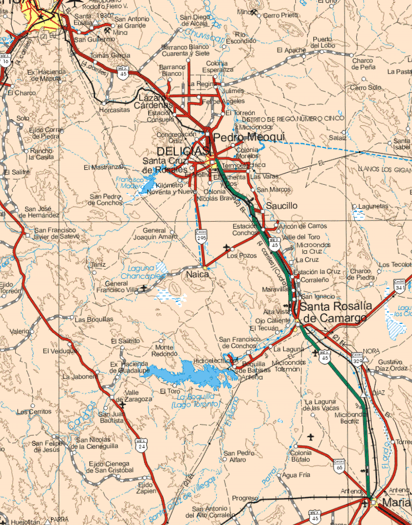 This map shows the major cities (ciudades) of Chihuahua, Lázaro Cárdenas, Delicias, Naica, Santa Rosalía de Carmago, José Mariano Jiménez. The map also shows the towns (pueblos) of Santa Eulalia, San Antonio el Grande, San Diego de Alcalá, Cerro Prieto, El Uno, San Guillermo, Río Escondido, Tomas García, Barranco Blanco Cuarenta y siete, El Apache, Puerto del Lobo, Charco de Peña, Ex hacienda de Maputa, Barranco Blanco, Colonia Esperanza, El Charco, La Regina, Julimes, Cerro Solo, Horcasitas, Felipe Angeles, El Torreón, Estación Consuelo, Solo, Ejido Corral de Piedra, Congregación Ortiz, Salaiz, Santa Isabel, Pedro Meoqui, Rancho la Casita, Colonia Morelos, El Salitre, El Mastranza, Santa Cruz de Rosales, El Molino, El Ochenta y Dos, las Varas, San Marcos, Kilómetro Noventa y Nueve, Colonia Nicolás Bravo, San Pedro de Conchos, Saucillo, Lagunetas, San José de Hernández, San Francisco de Javier de Satevo, General Joaquín Amaro, Estación Conchos, Ancon de Carros, Valle del Toro, La Cruz, Los Pozos, Taniz, Ejido Torreón, Gral. Francisco Villa, Estación la Cruz, Corraleño, Charco de Piedra, Los Tecolotes, Maravillas, San Ignacio, Valerio, Las Boquillas, Alta Vista, El Veduque, el Salitrillo, Ojo Caliente, El Tecuan, Valerio, El Veduqui, Monte Redondo, San Francisco de Conchos, La Laguna, La Jabonera, Ex hacienda de Guadalupe, Boquilla de Babisas, Gustavo Díaz Ordaz, La Jabonera, El toro, Valle de Zaragoza, Laguna de las Vacas, Los Cerritos, San Juan Bautista, San Felipe de Jesús, San Nicolás de la Cieneguilla, San Pedro Alfaro, Colonia Búfalo, Ejido Ciénega de San Cristóbal, Ejido Zapien, San Antonio del Alto Corralejo, Progreso, Agua Fría.