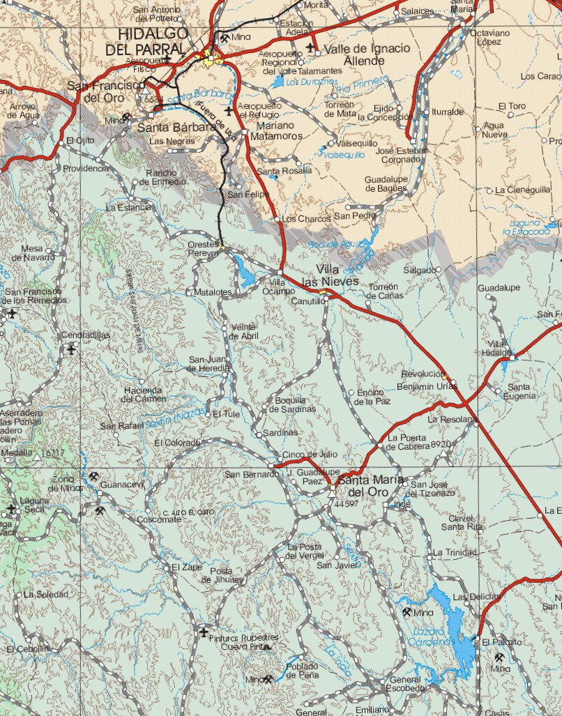 This map shows the major cities (ciudades) of Hidalgo del Parral, San Francisco del Oro.The map also shows the towns (pueblos) of San Antonio del Potrero, Morita, Salaices, Santa Maria, Estación Adela, Octaviano López, Valle de Ignacio Allende, Torreón de Mata, ejido La concepción, Iturralde, El Toro, Santa Bárbara, Mariano Matamoros, Valsequillo, José Esteban Coronado, Agua Nueva, Las Negras, Matamoros, San Felipe, Santa Rosalía, Guadalupe de Bagues, La Cieneguillas, Los Charcos, San Pedro.