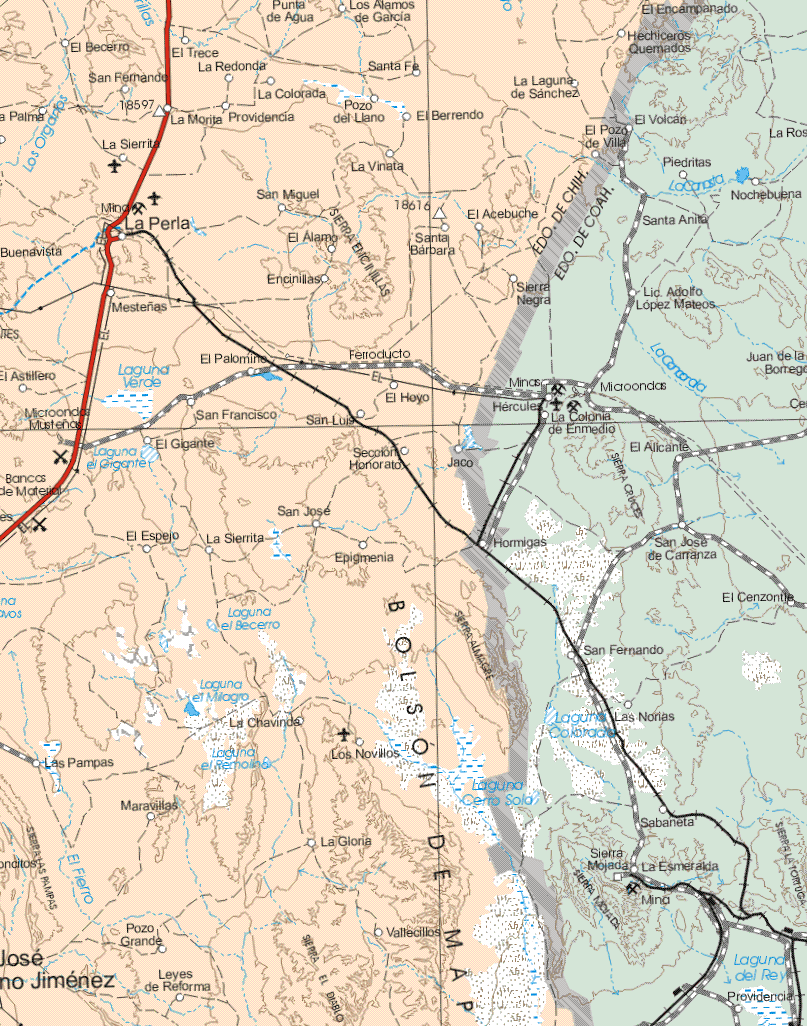 The map also shows the towns (pueblos) of El Becerro, El Trece, Los Alamos de García, El Encampanado, Hechiceros Quemados, San Fernando, La Redonda, Santa Fe, La Laguna de Sánchez, La Palma, La Morita, La Providencia, La Colorada, Pozo del Llano, El Berrendo, La Sierrita, El Pozo de villa, La Vinata, San Miguel, El Acebuche, La Perla, Buenavista, El Alamo, Santa Bárbara, Encinillas, Sierra Negra, Mesteñas, El astillero, El Palomino, Ferroducto, El Hoyo, San Francisco, San Luis, Jaco, El Gigante, Sección Honorato, San José, El espejo, La Sierrita, Epigmenia, La Cabinda, Las Pampas, Los Novillos, Maravillas, La Gloria, Pozo Grande, Leyes de Reforma, Vallecillos.