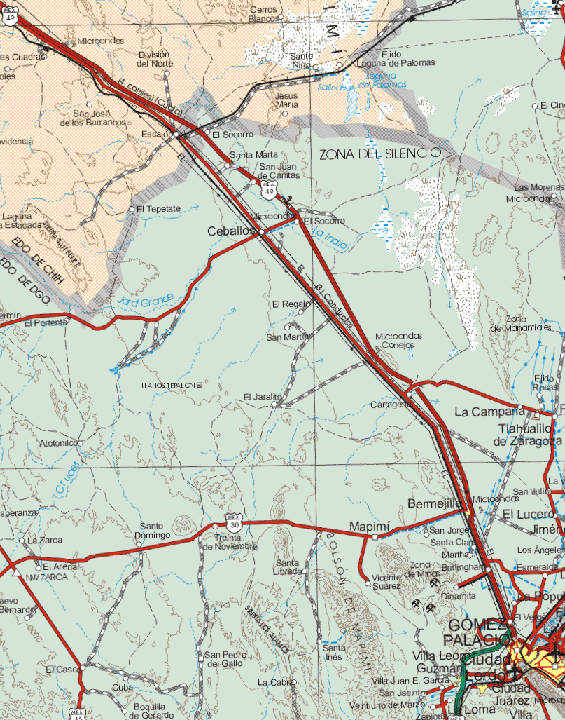 The map also shows the towns (pueblos) of Cerros Blancos, División del Norte, Santo Niño, Ejido Laguna de la Palomas, Jesús Maria, San José de los Barrancos, Escalón, El Socorro, Jesús Maria, El Tepetate.