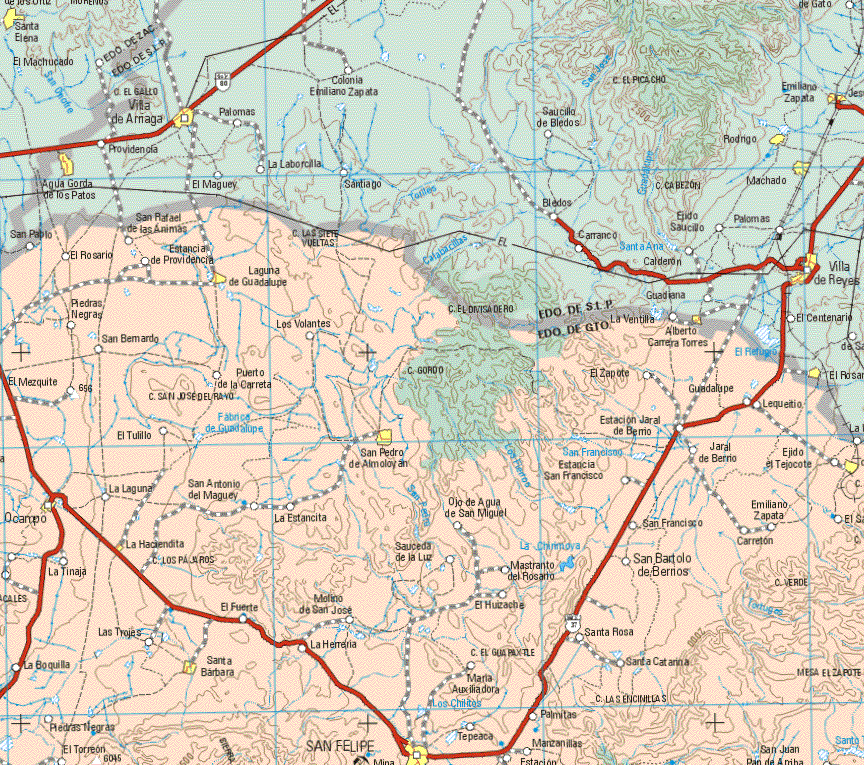 This map shows the major cities (ciudades) of Laguna de Guadalupe, Alberto Carrera Torres, San pedro de Almoloyan, Ocampo, La Haciendita, Santa Bárbara, San Felipe. The map also shows the towns (pueblos) of San Pablo, El Rosario, San Rafael de las Animas, Estancia de providencia, Piedras Negras, Los Volantes, La Ventilla, San Bernardo, El Mezquite, Puerto de la Carretera, el Zapote, Guadalupe, Lequeitio, El Tulillo, Estacion Jaral de Berrio, Ejido el Tejocote, La Laguna, San Antonio del Maguey, La Estancita, Ojo de Agua de San Miguel, San Francisco, Emiliano Zapata, Carretón, Sauceda de la Luz, Mastranto del Rosarito, San Bartolo de Bernos, La Tinaja, La Boquilla, Los Trajes, El Fuerte, Molino de San José, El Huazache, Piedras Negras, El Torreón ,La Herrería, Maria Auxiliadora, Tepeaca, Santa Rosa, Santa Catarina, Palmitas, Manzanitas.