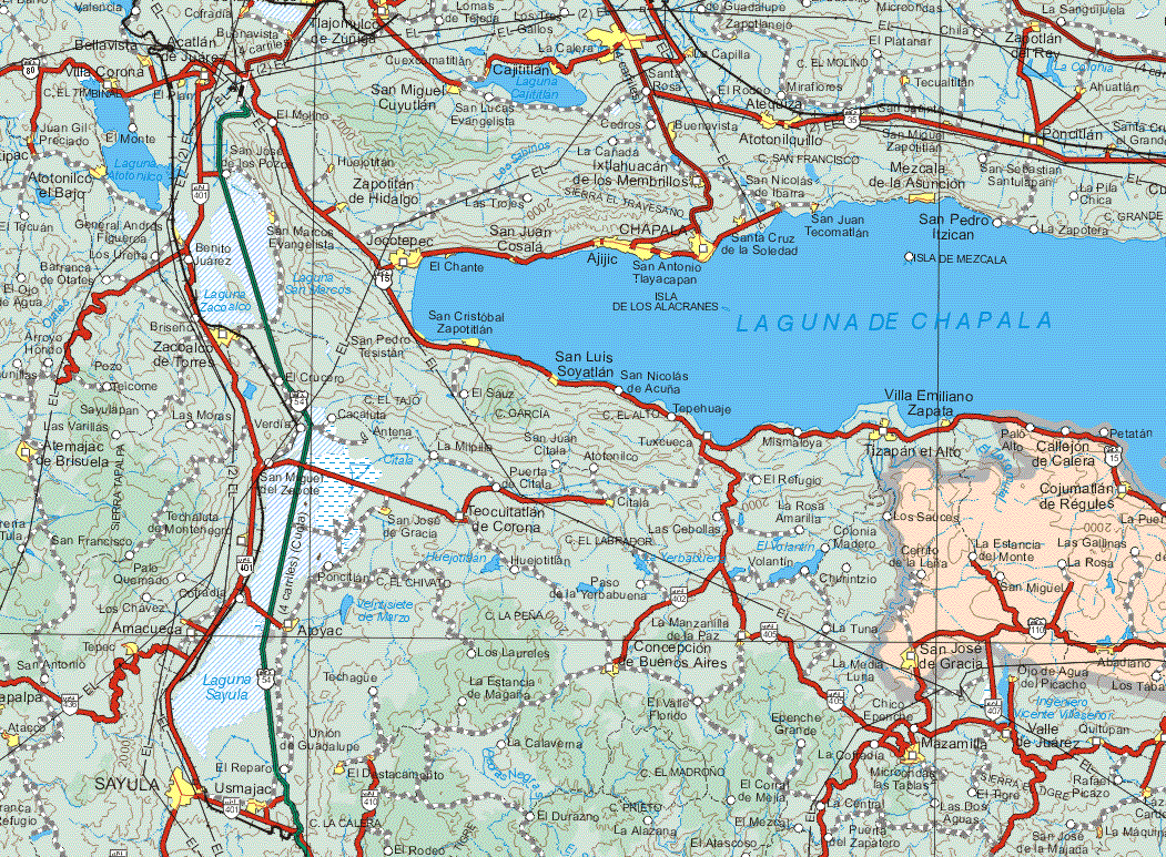 This map shows the major cities (ciudades) of Cojumatlan de Regules, Abadiano, San José de Gracia.The map also shows the towns (pueblos) of Callejón de Calera, Los Saucas, Cerrito de la Leña, La Estancia del Monte, Las gallinas, La Rosa, San Miguel.