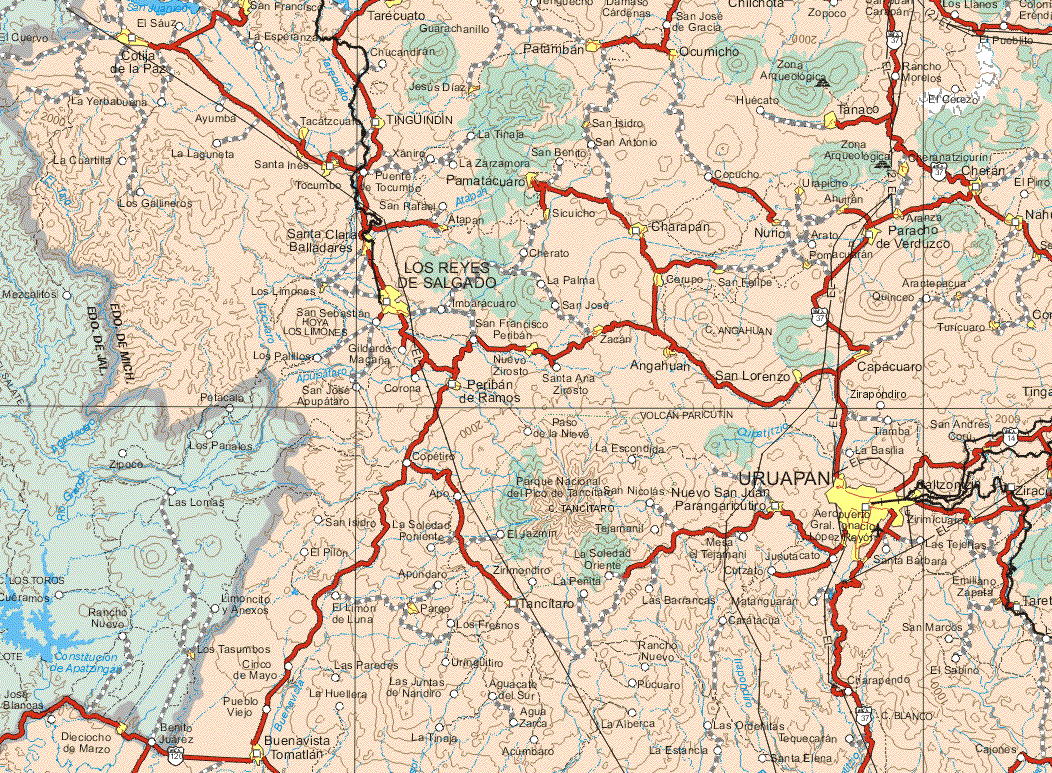 This map shows the major cities (ciudades) of San francisco, Tarecuato, Cotija de la Paz, Palmaban Ocumicho, Jesús Díaz, Tanaco, Tinguindin, Tacatzcuafe, San Isidro, Santa Inés, Orenatziquirin, Chetan, Santa Inés, Tocumbo, Pamatacuaro, Ahuitan, Urapicitro, Atacan, Santa Clara Balladares, Sicuicho, Charapan, Nurio, Aranza, Paracho de Verduzco, Carupo, San Felipe, Pomacuataran, Arectapacuar, Los Reyes de Salgado, Zacan Nuevo Zirosto, Angahuan, San Lorenzo, Capacuaro, Turicuaro, Periban de Ramos, San Andrés Coru, Uruapan, Nuevo San Juan Paangaricuitiro, Emiliano Zapata, Paseo, Tancitaro, Dieciocho de Marzo, Buenavista Tomatlan.The map also shows the towns (pueblos) of El Sauz, Guarachanillo, San José de Gracia, Zopoco, Los Llanos, La Esperanza, Chucandiran, Rancho Morelos, La Yerbabuena, Ayumba, Huecato, El Cerezo, La Cuartilla, La Laguneta, Xaniro, La Tinaja, San Antonio, Xaniro, La Zarzamora, San Benito, Cocucho, El Pino, Los Gallineros, San Rafael, Cherato, Quinceo, La Palma, San José, Imbaracuaro, San José, Hoya los Limones, Los Palillos, Gilberto Magaña, San Francisco Periban, Santa Ana Zirosto, Zirapondiro, San José Apupataro, Corona, Paso de la Nieve, Timaba, La Basilia, La Escondida, Copetite, Apo, San Isidro, La Soledad Poniente, El Jazmín, Tejamanil, Mesa el Tejamanil, Justutacato, Las Tejeñas, Santa Berbara, El Pilón, Apundaro, Zirimendiro, La Soledad Oriente, Cotzalo, Zimendiro, Las Barrancas, Matanguaran, El Limón de Luna, Barrancas, Matanguaran, Los Fresnos, Camatacua, San Marcos, Rancho Nuevo, el Sabino, Cinco de Mayo, Las Paredes, La Huelleca, Las Juntas de Nandiro, Aguacate del Sur, Pucuaro, Charapendo, Pueblo Viejo, Agua Zarca, la Alberca, Las Ordesitas, La Tinaja, Zarca, La Alberca, Tequecaran, Cajones, La Tinaja, Acumbazo, La Estancia, Santa Elena.