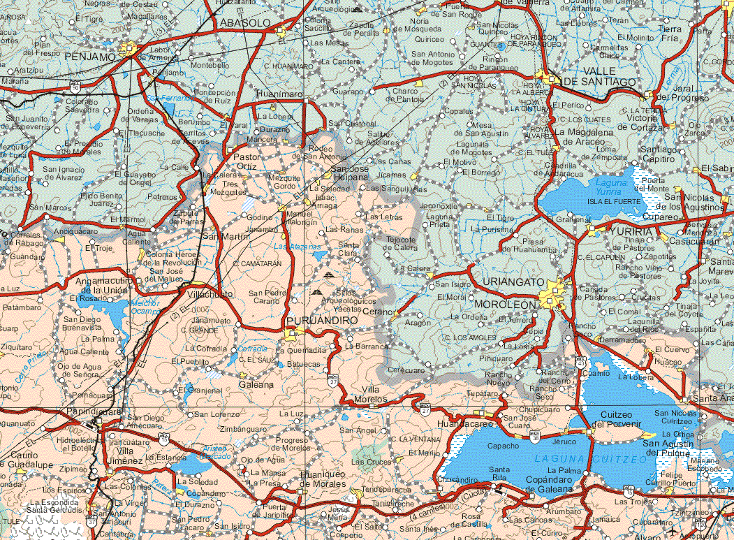 This map shows the major cities (ciudades) of Mancera, Pastor Ortiz, San José Huipana, La Calera, Mezquite Gordo, La Soledad, Los Tres Mezquites, Isaac Arriaga, Manuel Villalongin, Janambo, San Martín, Colonia Héroes de la Rev., Angamacutiro de la Unión, Villahuato, Puruandiro, El Cuervo, Huacao, Paporondipoare, Villa Jiménez, Caurio de Guadalupe, Las Cruces, La Escondida Santa Gertrudis, La Virgen, Huaniqueo de Morales, Tendeparacuara, El Merijo, Felipe Carrillo Puerto, La Escondida Santa Gertrudis, La Virgen, Copanadaro, San Isidro, Huaniqueo de Morales.The map also shows the towns (pueblos) of Las Sanguijuelas, Las Letras, Zapote de Parras, Godino, Las Ranas, Santa Clara, El Troje, Guandaro, San José del Maluco, El Rosario, San pedro Corano, Patambaro, San Diego Buenavista, La Palma, La Cofradía, La Quemadita, La Barranca, Agua Caliente, La Lobera, Cuamio, Ojo de Agua de Señora, El Pueblito, Batuecas, Rancho Seco, Cuamio, Tupafaro, Villa Morelos, El Granjéenla, Pernacuajo, Tupafaro, San Lorenzo, La Luz, Chupicuaro, San José Cuaro, Irancuataro, La Estancia, Zimbanguaro, San Angel, Ojo de Agua, La Mansa, La Presa, Zipimeo, La Estancia, La Soledad, Arumbaro, Las Trojes, Zipimeo, Los Espinos, Las Colontes, El Durazno, Arumbaro, Jamaica, Cupacitaro, Rosa de Castilla, Puerta de Jaripita, El Salto, Coeperio, San Isidro, Las Canoas.