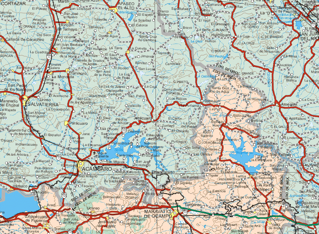 This map shows the major cities (ciudades) of Santo de Tepextepex, Las Peritas Cuntepec, Agua Caliente, Maravatio de Ocampo, El Capulin, Ucareo, Arato, Zinapecuaro de Figueroa, José Maria Morelos, Bravo, Venta de Bravo.The map also shows the towns (pueblos) of La Luz, La botija, Santa Cruz de Agua, Las Hormigas, La Paz, Ejido de la Paz, Epitacio Huerta, Ejido Salitrillo, San Bernardo, Dolores, San Antonio Molinos, Ejido la Estanzuela, Lázaro Cárdenas, El Tejocote, El Tecolote, Lerma, El Gigante, Zintzicuaro, Campamento Lerma, El Pedregal, La Estancia, Buenavista, Higuerilla, Melchor Ocampo, Turingario, Tres Piedras, Tepetongo, Teperias, El Cereo, Heriberto Jara, La Trasquita, San José del Rincón, Talmeo, Campo Hermoso, Santiago Puriaatzicuaro, Hualumbajo, Las Mesas, San Miguel, Santa Ana.