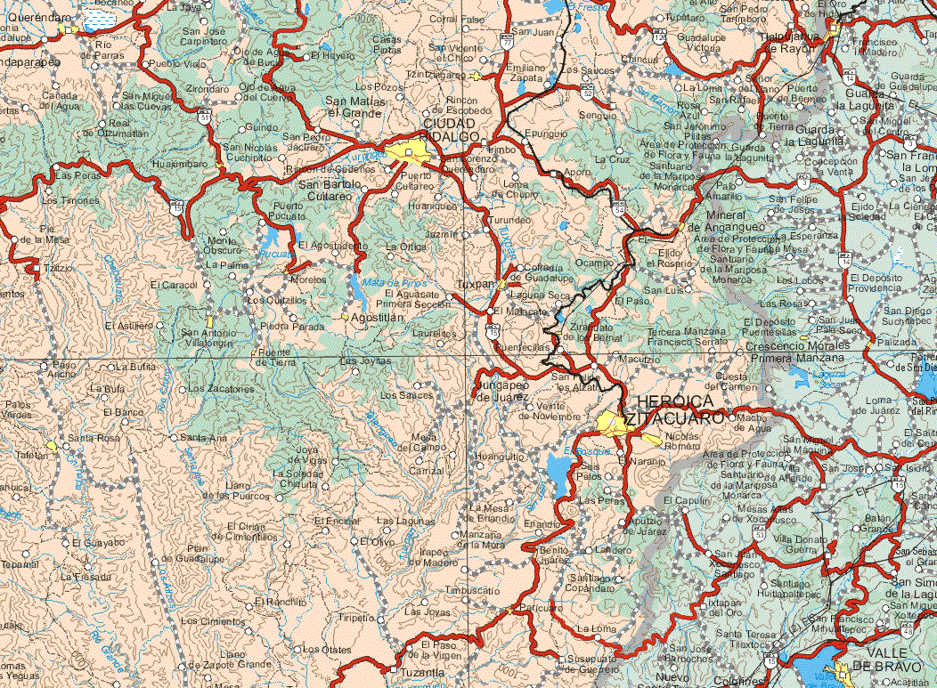 This map shows the major cities (ciudades) of Querendaro, Huajumbaro, Ojo de Agua de Bucio, Tzintziagarno, Ciudad Hidalgo, Tlalpujahua del Rayón, Mineral de Angangueo, El Paso, Ocampo, Tuxpan, Saraguate de los Bernal, Nicolás Romero, Benito Juárez, Paticuaro, Morelos, San Antonio Villalongin, Agostitlan, Tafetán.The map also shows the towns (pueblos) of Río de Parras, Cañada del Agua, San Miguel Las Cuevas, Real de Olzumatlan, La Joya, San José Carpintero Pueblo Viejo, Ziroridaro, Ojo de Agua del Cueval, Guiondo, San Pedro Jacuaro, San Nicolás Cuchipitio, El Hoyero, Casas Pintas, Corral Falso, San Vicente el Chico, los Pozos, San Matías el Grande, Rincón de Escobedo, San Juan, Emiliano Zapata, Los Sauces, Tupataro, Guadalupe Victoria, San Pedro Tarimboro, El Oro de Hidalgo, , Puerto de Bemeo, Puente de la Tierra, , La Loma, San Rafael, Rosa Azul, San Jerónimo Pilitas, La Cruz, Apofo, Senguio, Epunguro, Ejido el Rosario, San Luis, Tercera Manzana Francisco Serrato, Macutzio, Irimbo, San Lorenzo, Querendaro, Loma de Chupro, Turundeo, Cofradía de Guadalupe, Laguna Seca, El Malacato, Puentecillas, Macho de Agua, Naranjo, Seis Plos, Las Peras, Landero, Santiago Copandaro, La Loma, Sosepuato de Guerrero, El Paso de la Virgen, Tuzantla, Puerto Cultareo, Huaniqueo, Jazmín, La Ortuga, El Aguacate 1ª Sección, San Bartolo Cuitareo, Puerto Pucualto, El Agostaderto, Las Peras, Los Tomones, Pie de la Mesa, Monte Oscuro, Tzitzio, El Caracol, La Palma, Los Quitzillos, El Aguacate 1ª Sección, El Astillero, Piedra Parada, Laurelitos, Paso Ancho, La Bufita, Las joyitas, La Bufa, Los Zacatones, Los Sauces, El Banco, Veinte de Noviembre, Santa Rosa, Mesa del Ocampo, Huanguitio, Joya de Vigas, Carrizal, La Soledad Chiquita, Llano de los Puercos, La Mesa, de Enandio, Enandio, Manzana de la Mora, El Guayabo, Tepamal, La Fresada, El Cirio de Cementillos, El Encinal, Las Lagunas, Irapeo de Madero, Plan de Guadalupe, El Olivo, El Ranchito, Timbuscatio, Las Joyas, Tripetio, Los Otates, Llano Grande de Zapote Grande, El Ranchito.