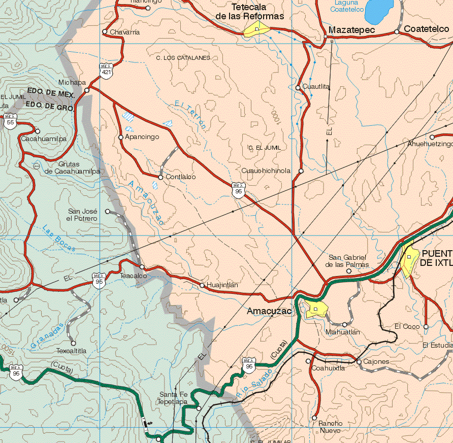 This map shows the major cities (ciudades) of Tetecala de las Reformas, Puente de Ixtla, Amacuzac.The map also shows the towns (pueblos) of Chavarria, Mazatepec, Coatetelco, Michapa, Cuautitla, Apanzingo, Ahuhuetzingo, Contlalco, Cuachichinola, San Gabriel de las Palmas, Huajintlan, Miahuatlan, El Coco, Coahuixtla, Cajones, Rancho Nuevo.