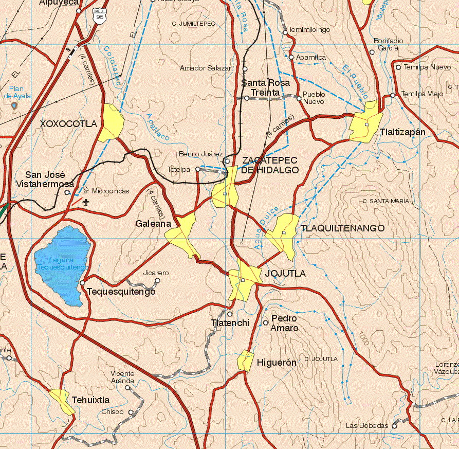 This map shows the major cities (ciudades) of Xoxocotla, Tlaltizapan, Zacatepec de Hidalgo, Galeana, Tlaquiltenango, Jojutla, Higuerón, Tehuixtla.The map also shows the towns (pueblos) of Alpuyeca, Temimilcingo, Bonifacio García, Acamilpa, Amador Salazar, Santa Rosa Treinta, Pueblo Nuevo, Temilpa Viejo, Benito Juárez, Tetelpa, San José Vistahermosa, Jicarero, Tequesquitengo, Tlatenchi, Pedro Amaro, Vicente Aranda, Chisco, las Bobedas.