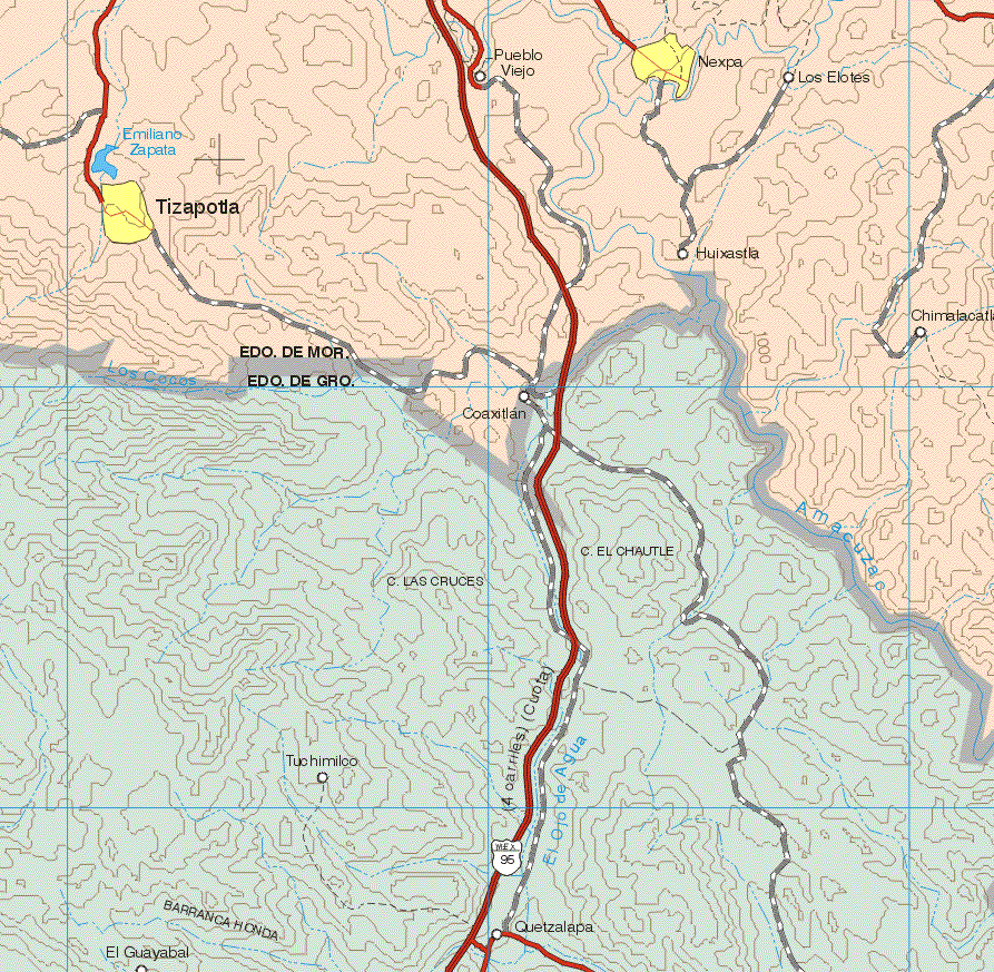 This map shows the major cities (ciudades) of Tizapotla, Nexpa.The map also shows the towns (pueblos) of Pueblo Viejo, Los Elotes, Huixastla, Coaxitlan, Chimalacatla.