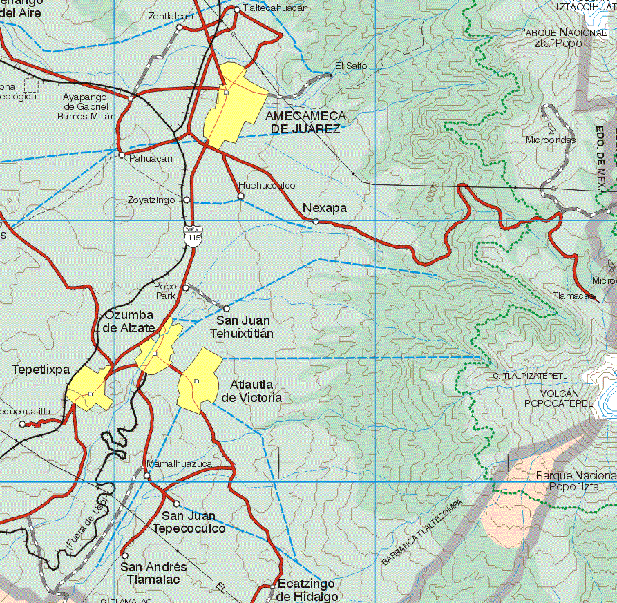 This map shows the major cities (ciudades) of Amecameca de Juarez, Ozumba de Alzate, Atlautla de Victoria, Tepetlixpa.