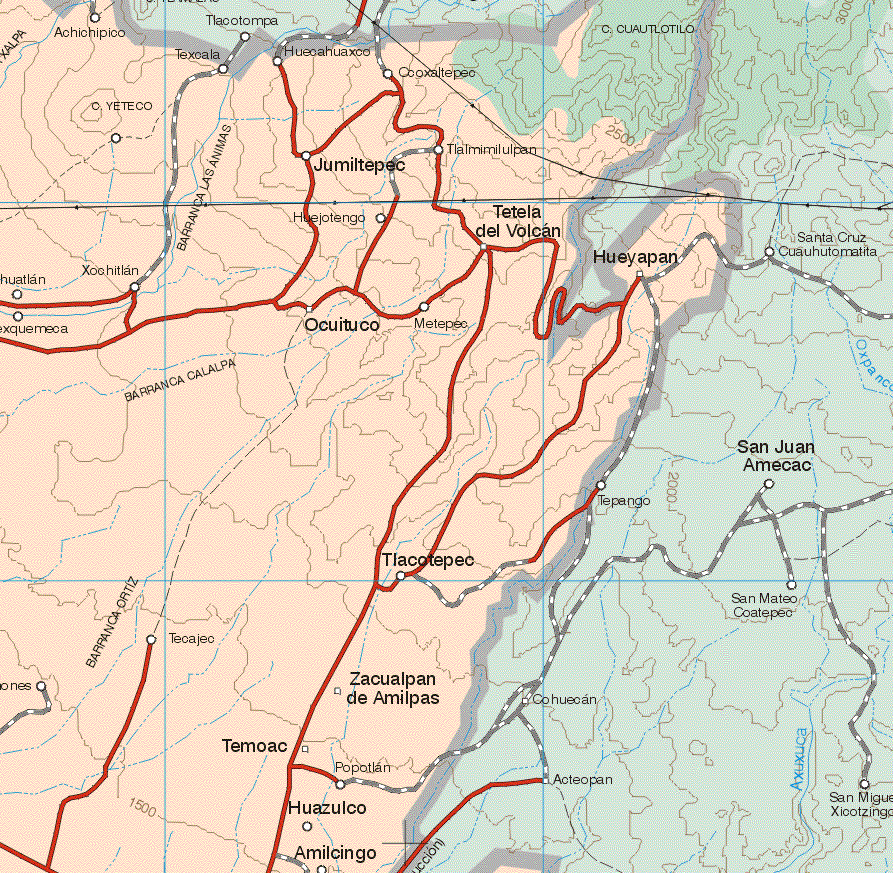 The map also shows the towns (pueblos) of Achichipico, Texcala, Huecahuaxco, Ocoxaltepec, C. Yeteco, Jumiltepec, Tlalmimilulpan, Huejotengo, Tetela del Volcán, Hueyapan, Xochitlan, Metepec, Ocuituco, Exquemeca, Tlacotepec, Tecajec, Zacualpan de Amilpas, Temoac, Popotlan, Huazulco, Amilcingo.