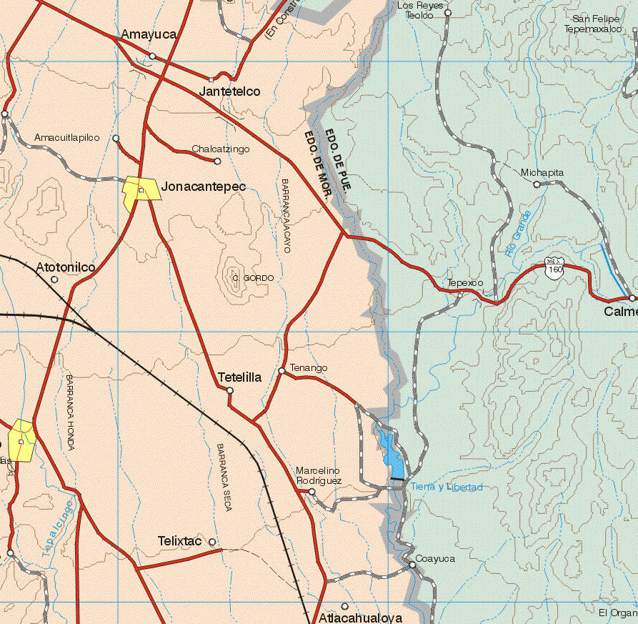 This map shows the major cities (ciudades) of Jonacantepec. The map also shows the towns (pueblos) of Amayuca, Jantetelco, Amacuitlapilco, Chalcatzingo, Atotonilco, Tetelilla, Tenango, Marcelino Rodríguez, Telixtac.Atlacuhualoya.