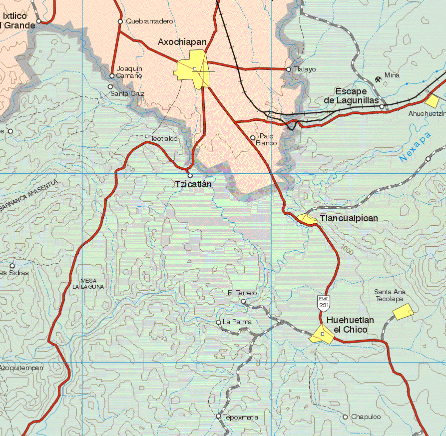 This map shows the major cities (ciudades) of Axochiapan.The map also shows the towns (pueblos) of Ixtlico el Grande, Quebraniadero, Joaquín Camaño, Tlalayo, Palo Blanco.