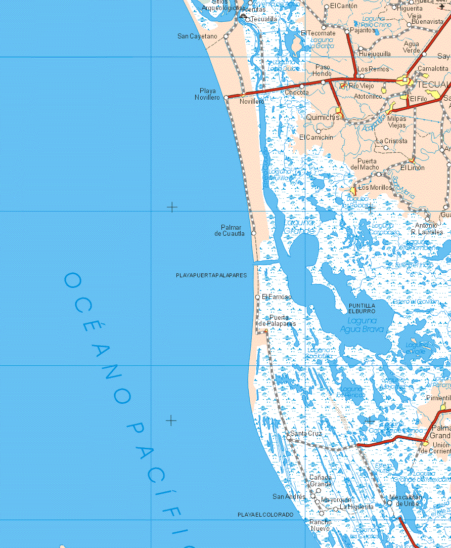 This map shows the major cities (ciudades) of Camalotita, Tecuala, Río Viejo, Atotonilco, Novillero, El Filo, Quimichis, Milpas Viejas, El Limón, Los Morillos, Puerta de Palapares, Pimientil, Palma Grande, Unión de Corriente.The map also shows the towns (pueblos) of Arenitas, El Cantón, Higuerita, Tecualilla, Vieja Buenavista, San Cayetano, El Tecomate, Pajaritos, Huejuquilla, Agua Verde, Paso Hondo, Los Remos, Chocota, Playa Novillero, El Camichin, La Crisosta, Puerta del Macho, Antonio R. Laureles, Palmar de Cuautla, El Famoso, Santa Cruz, Cañada Grande, San Andrés, Mallorquín, La Higuerita, Mexcaltitlan de Uribe, Rancho Nuevo.