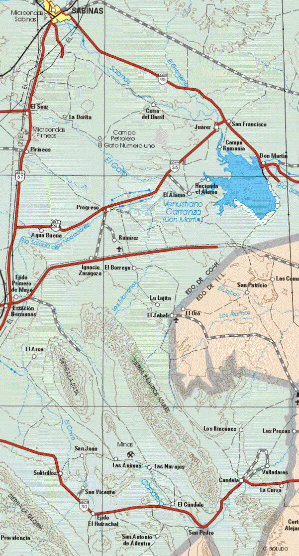 The map also shows the towns (pueblos) of San Patricio, El Oro, El Jabalí, Las Presas.