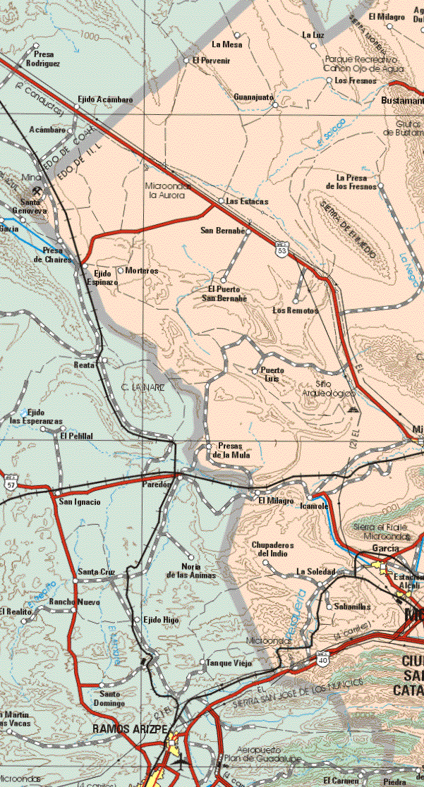 This map shows the major cities (ciudades) of Estancia Alcali, García.The map also shows the towns (pueblos) of La Mesa, La Luz, El Milagro, El Porvenir, Los Fresnos, Guanajuato, La Presa de los Fresnos, Las Estacas, San Bernabé, Ejido Espinozo, Morteros, El Puerto de San Bernabé, Los Remotos, Puerto Luis, Presas de la Mula, El Milagro, Icamole, Chupadores del Indio, La Soledad, Sabanillas.