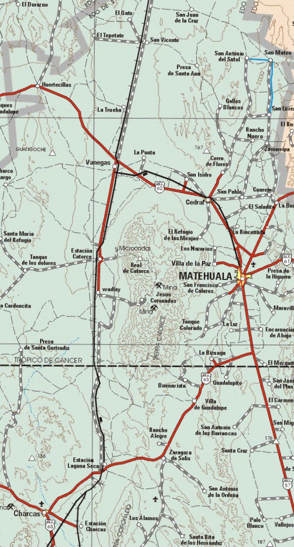 This map shows the major cities (ciudades) of Matehuala, Charcas.