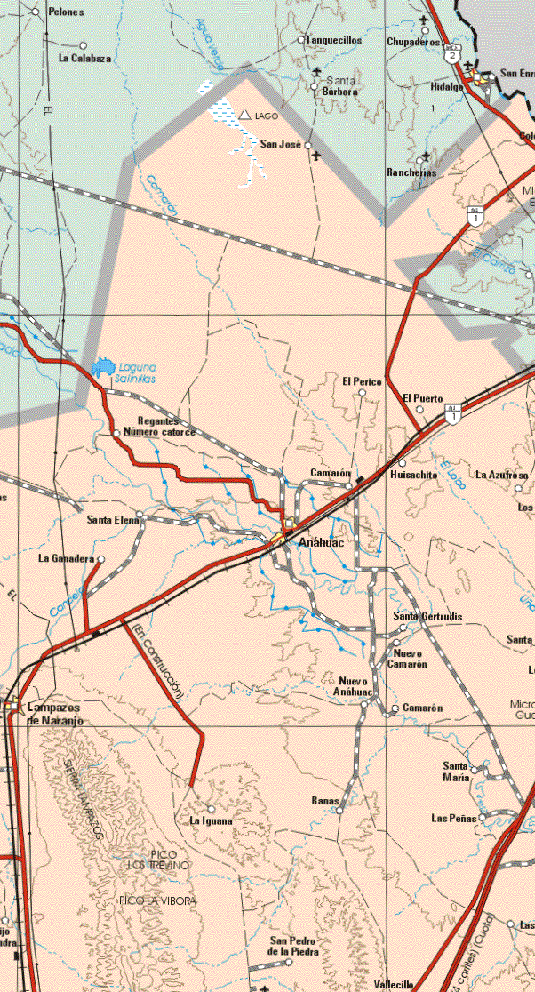 This map shows the major cities (ciudades) of Anahuac, Lampazos de Naranjo.The map also shows the towns (pueblos) of San José, El Perico, El Puerto, Regentes Numero Catorce, El Perico, El Puerto, Camarón, Huisachito, La Azufrosa, Santa Elena, La Ganadera, Santa Gertrudis, Nuevo Camarón, Nuevo Anahuac, Camarón, Santa Maria, La Iguana, Ramas, Las Peñas, San Pedro de la Piedra, Vallecillo.