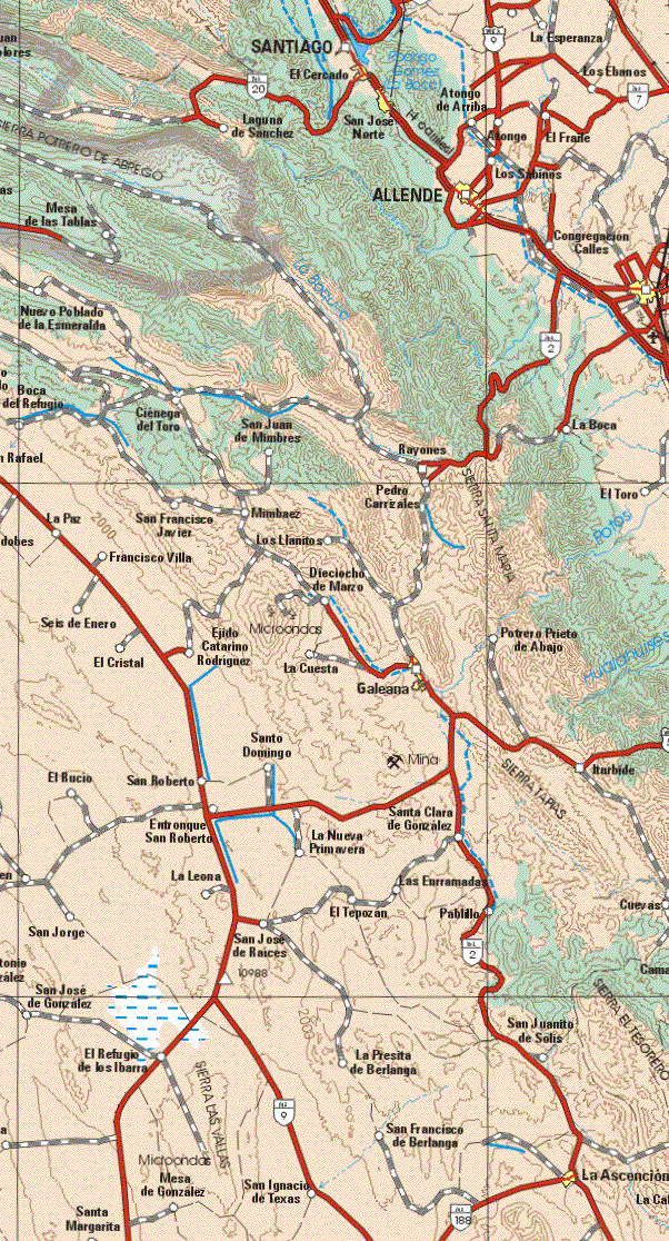 This map shows the major cities (ciudades) of El Cercado, San José Norte, Allende, Galeana, La Ascensión.The map also shows the towns (pueblos) of Santiago, La Esperanza, Los Ebanos, Atongo de Arriba, Laguna de Sánchez, Atongo, El Fraile, Los Sabinas, Mesa de las Tablas, Congregación Calles, Nuevo Poblado de la Esmeralda, Ciénega del Toro, San Juan de Mimbres, Rayones, La Boca, Pedro Carrizales, El Toro, La Paz, San Francisco Javier, Mimbaez, Los Llanitos, Francisco Villa, Dieciocho de Marzo, Seis de Enero, El Cristal ,Ejido Catarino Rodríguez, La Cuesta, Potrero Prieto de Abajo, Santo Domingo, Iturbide, San Roberto, El Rocío, Entronque San Roberto, La Nueva Primavera, Santa Clara de González, La Leona, Las Enramadas, San Jorge, San José de Raíces, El Tepozan, Pablillo, Cuevas, San Jorge, San José de González, San Juanito de Solís, El Refugio de los Ibarra, La Presita de Berlanga, San Francisco de Belanga, Mesa de González, San Ignacio de Texas, Santa Margarita.