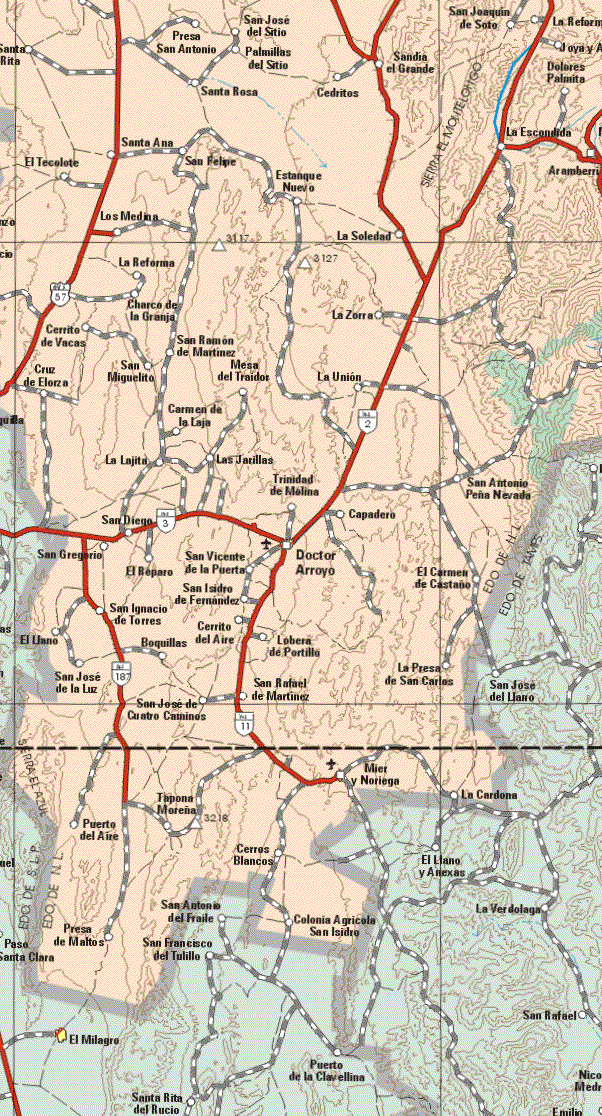 The map also shows the towns (pueblos) of Santa Rita, Presa San Antonio, San José del Sitio, Palmillas del Sitio, Sandia el Grande, San Joaquín de Soto, La Reforma, Joya Palmita, Santa Rosa, Cedritos, La Escondida, Santa Ana, El Tecolote, San Felipe, Estanque Nuevo, Aramberri, Los Medina, La Soledad, La Reforma, Charco, de la Granja, La Zorra, Cerrito de Vacas, San Ramón de Martínez, Cruz de Elota, San Miguelito, Mesa del Traidor, La Unión, Carmen de la Laja, La Lajita, las Jatillas, Trinidad de Molina, San Antonio Peña Nevado, San Diego, Capadero, San Gregorio, El Reparo, San Vicente de la Puerta, Doctor Arroyo, El Carmen de Castaño, San Isidro de Fernández, San Ignacio de Torres, El Llano, Boquillas, Cerrito del Aire, Lobera de Portillo, San José de la Luz, San José de Cuatro Camines, San Rafael de Martínez, La Presa de San Carlos, Mier y Noriega, Tapona Morena, Puerto del Aire, Cerros Blancos, Colonia Agrícola San Isidro, Presa Maltos.