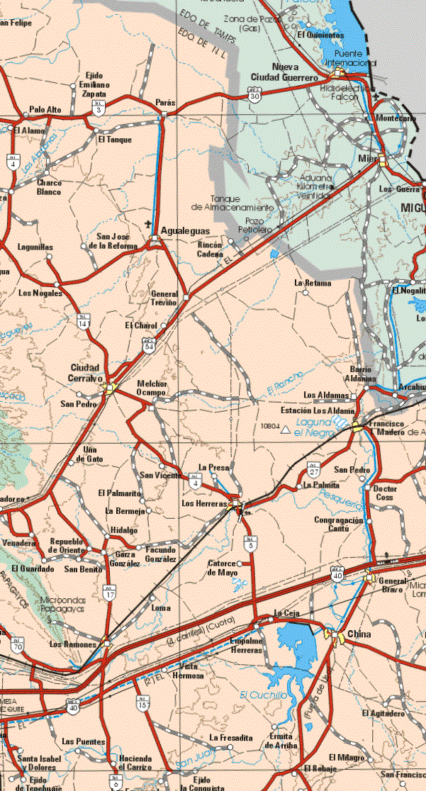 This map shows the major cities (ciudades) of Agualeguas, Ciudad Cerralvo, Francisco I. Madero, Los Herreras, General Bravo, Los Hamones, China.The map also shows the towns (pueblos) of San Felipe, Ejido Emiliano Zapata, Palo Alto, Paras, El Alamo, El Tanque, Charco Blanco, Lagunillas, San José de Reforma, Rincón Cadena, Los Nopales, Gral. Treviño, La Retama, El Charol, Melchor Ocampo, Los Aldamas, Barrio Aldamas, San Pedro, Estación de los Aldamas, Uña de Gato, San Vicente, La Presa, San Pedro, El Palmito, La Palmita, Doctor Coss, Congregación Cantú, La Bermeja, Hidalgo, Venadera, Repueblo de Oriente, Hidalgo, Facundo González, El Guardado, San Benito, Garza González, Catorce de Mayo, Loma, La Ceja, Empalme Herrera, Vista Hermosa, El Agitadero, Las Puentes, La Fresadita, Ermita de Arriba, El Milagro, Santa Isabel y Dolores, Ejido de Tenehuare, Hacienda de Carrizo, Ejido Conquista, El Robaje, El Milagro, San Francisco.