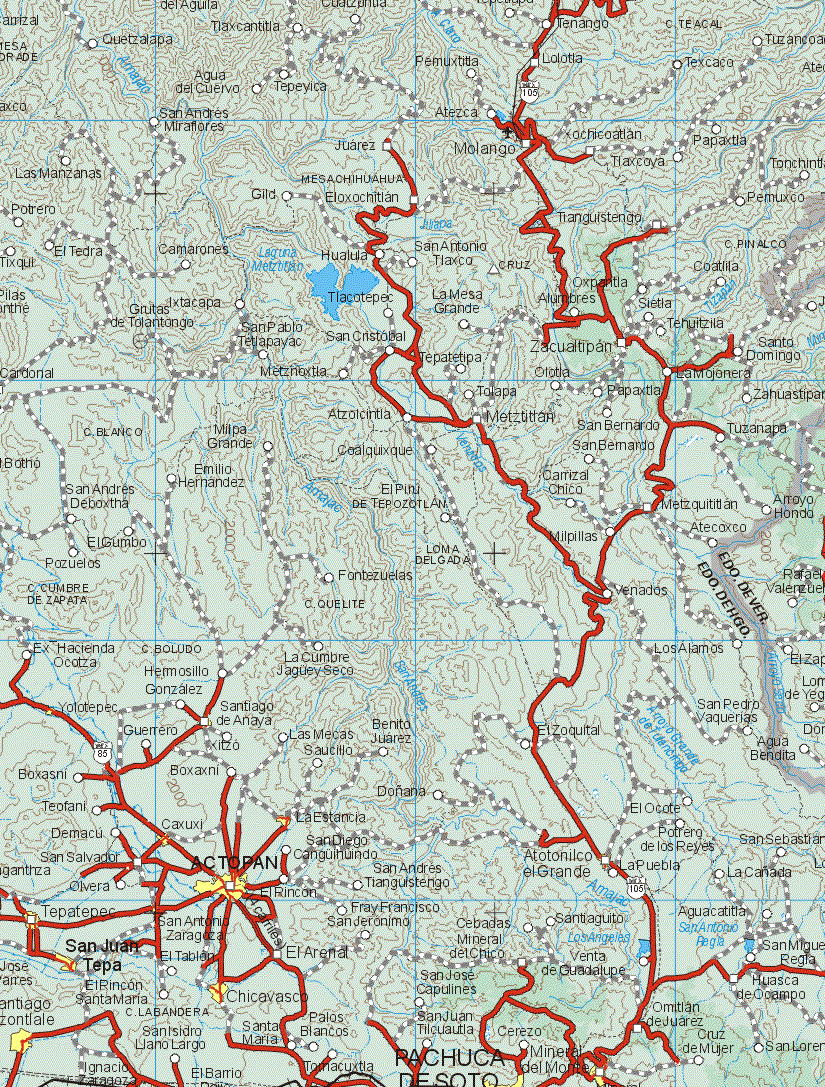 This map shows the major cities (ciudades) of San Juan Tepa, Actopan, Pachuca de Soto, Chicavasco.