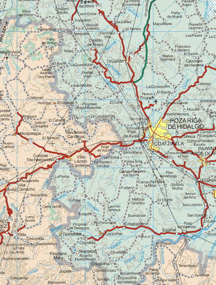 This map shows the major cities (ciudades) of Huitzilac, Venustiano Carranza, Mecapalapa, Villa Lázaro Cárdenas, Villa Avila Camacho.The map also shows the towns (pueblos) of Palma Real, Paso del Arroyo, Jaltocan, Ameluca, El Cabetla, Ignacio Zaragoza, El Tepeyac, Nuevo Carrizal, Vega de Xuchil, Coronel Tito Hernández, Tumbadero Escobal, Apapantilla, Santa Rita, Cerro Verde, Loma Verde, Patla, Chicontla, Tlaolatongo, Xochinanacatlan, Tlaltepango, Jopala, Dimas López, Xonalpu, El Chacal, Paso de Jardín, Buena Vista, Tenexate.