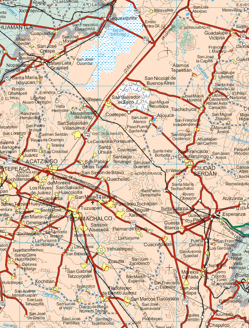 This map shows the major cities (ciudades) of Miravalles, Emilios Portes Gil, Guadalupe Victoria, Capiaxtla, Máximo Serdan, San José Chiapa, Francisco I. Madero, Nopalucan de la Granja, Rafael Lara Grajales, San José Ozomba, Cuauhtemoc, Alamos Tepetitlan, Guadalupe Libertad, Santa Maria Ixtiyucan, San Nicolás de Buenos Aires, Santa Inés Varela Luz, Rincón Citlaltepetl, Soltepec, San Salvador el Seco, San Miguel Tecuitlapa, José Maria Morelos, Lázaro Cárdenas, Rafael Avila Camacho, Mazapiltepec de Juárez, San Miguel Zoapan, San Juan Atenco, San Francisco Independencia, Zoapan, San Pedro la Joya, San Sebastián Villanueva, San Lorenzo, Paso Puente Santa Ana, San Miguel Ocotenco, Manuel Avalos, Carmen Serdan, Ahuatepec del Camino, Reyes de Ocampo, Teteles, Benito Juárez, San Cristóbal, Santa Ursula, Coyotepec, San Francisco Cuautlanzingo, Acatzingo, San Pablo de las Tunas, Santiago Tenango, Ciudad Serdan, El Veladero, Tepeaca, Xochiltenango, Actipan de Morelos, San Simón de Bravo, Quecholac, Los Reyes de Juárez, San Salvador Huixcolotla, Cuapiaxtla, Santo Tomas Hueyotiplan, San Mateo Tlalxpan, Atzizintla, Palmanto Tochapan, Zacapla, Santa Rosa, Tuzuapan, San Miguel Xaltepec, Esperanza, Zacacia, San Martín Caltenco, Ometepec, Tecamachalco, Tochtepec, Xochimilco, Santino Alseseca, Palmar Bravo, Cuesta Blanca, La Purisima, Cuancnopalan, San Francisco, Pileta los García, La Laguna, Yehualtepec, San Antonio Soledad, San Baltasar, Santa Clara, Huitziltepec, Dolores Hidalgo, San Gabriel Tetzoyucan, Zozutla, Morelos Cañada, Huitziltepec, Xochitlan, San Andrés Mimiahuapan, Tepazolco, Tlacotepec de Benito Juárez, San Lucas el Viejo, San José Ixtapa, San Marcos Tlacoyalco, San José de Garza, Distrito de Riego N. Treinta, San José Buenavista, Pazoltepec.The map also shows the towns (pueblos) of San Luis Atexcac, Maravillas, San José Morelos, San Juan Bautista, San José la Capilla, Erendira, Libertad Alvaro Obregón, El Paso Nacional, Vista Hermosa, Coatepec, Aljojuca, Miguel Hidalgo, Ranchería Hernández, La Candelaria Portezuelo, Santa Inés Borbolla, San Juan Arcos, San José Guerrero, Canoas Altas, Xochiloma, San Pedro Termamatla, Sana Maria Techachalco, Alvaro Obregón, Texmalaquilla, Alvaro Obregón, Santa Catarina los Reyes, Guadalupe Piletas, San Antonio Tecolco, La Purísima de Hidalgo, Tepetlacaltechco, Puerta Cañada, Boca Nopal, Tezoapan, Cerro Gordo, San Martín Esperilla, San Francisco Esperilla, El Sumidero, San Luis Tehuizotla, San Lucas Palmillas, Santiago Tepetlacolco, Aquiles Serdan, Azumbitla, Chapulco.